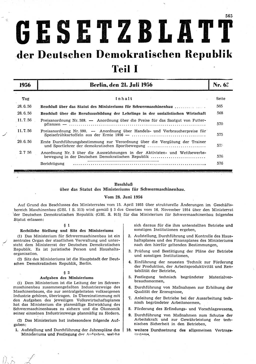 Gesetzblatt (GBl.) der Deutschen Demokratischen Republik (DDR) Teil Ⅰ 1956, Seite 565 (GBl. DDR Ⅰ 1956, S. 565)