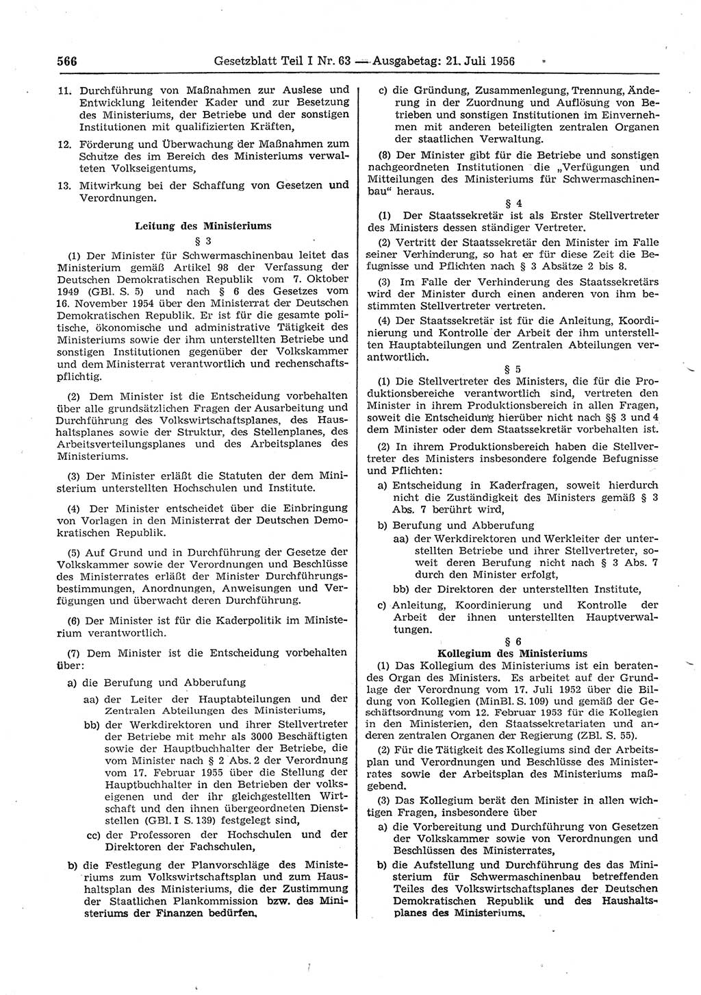 Gesetzblatt (GBl.) der Deutschen Demokratischen Republik (DDR) Teil Ⅰ 1956, Seite 566 (GBl. DDR Ⅰ 1956, S. 566)