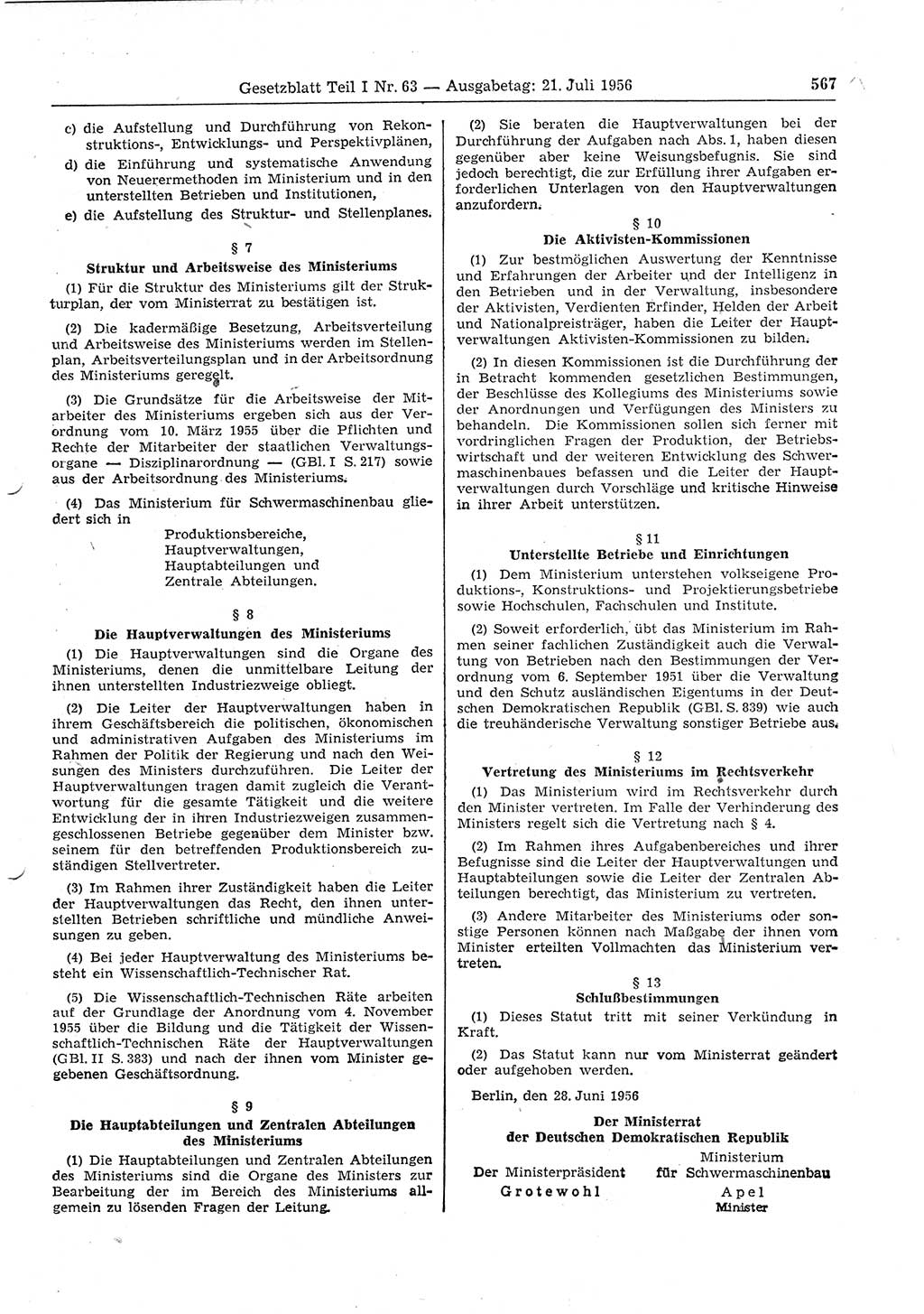 Gesetzblatt (GBl.) der Deutschen Demokratischen Republik (DDR) Teil Ⅰ 1956, Seite 567 (GBl. DDR Ⅰ 1956, S. 567)