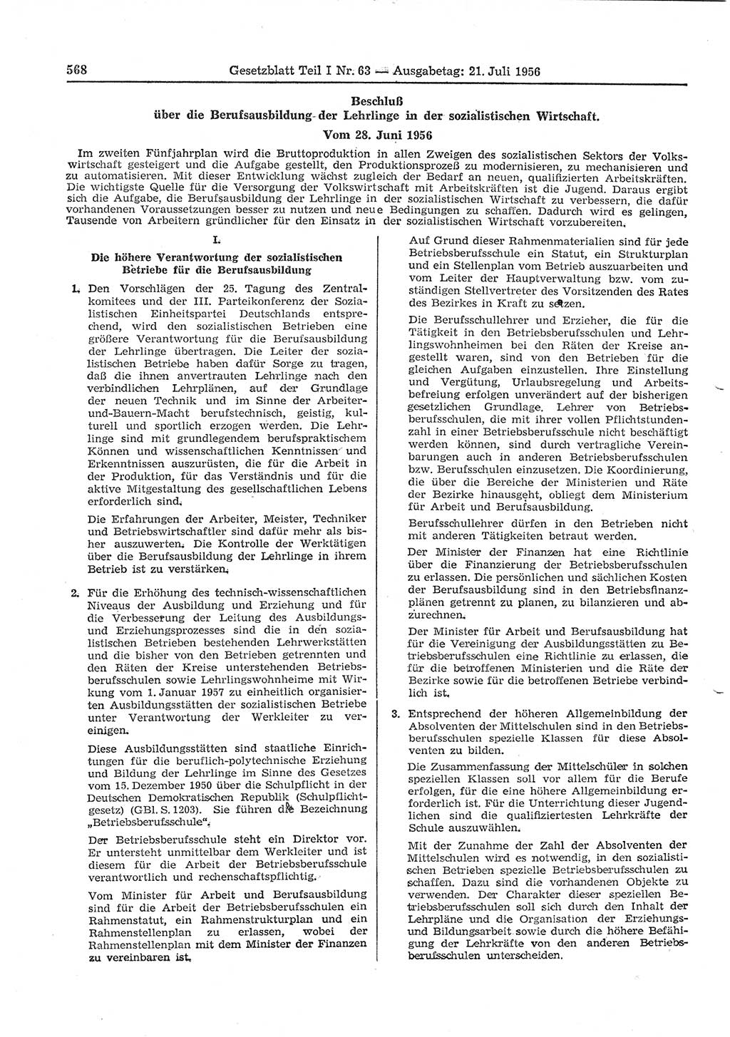 Gesetzblatt (GBl.) der Deutschen Demokratischen Republik (DDR) Teil Ⅰ 1956, Seite 568 (GBl. DDR Ⅰ 1956, S. 568)