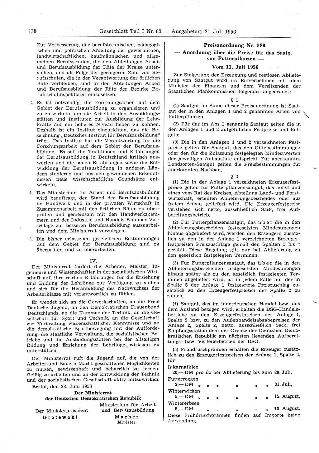 Gesetzblatt (GBl.) der Deutschen Demokratischen Republik (DDR) Teil Ⅰ 1956, Seite 570 (GBl. DDR Ⅰ 1956, S. 570)