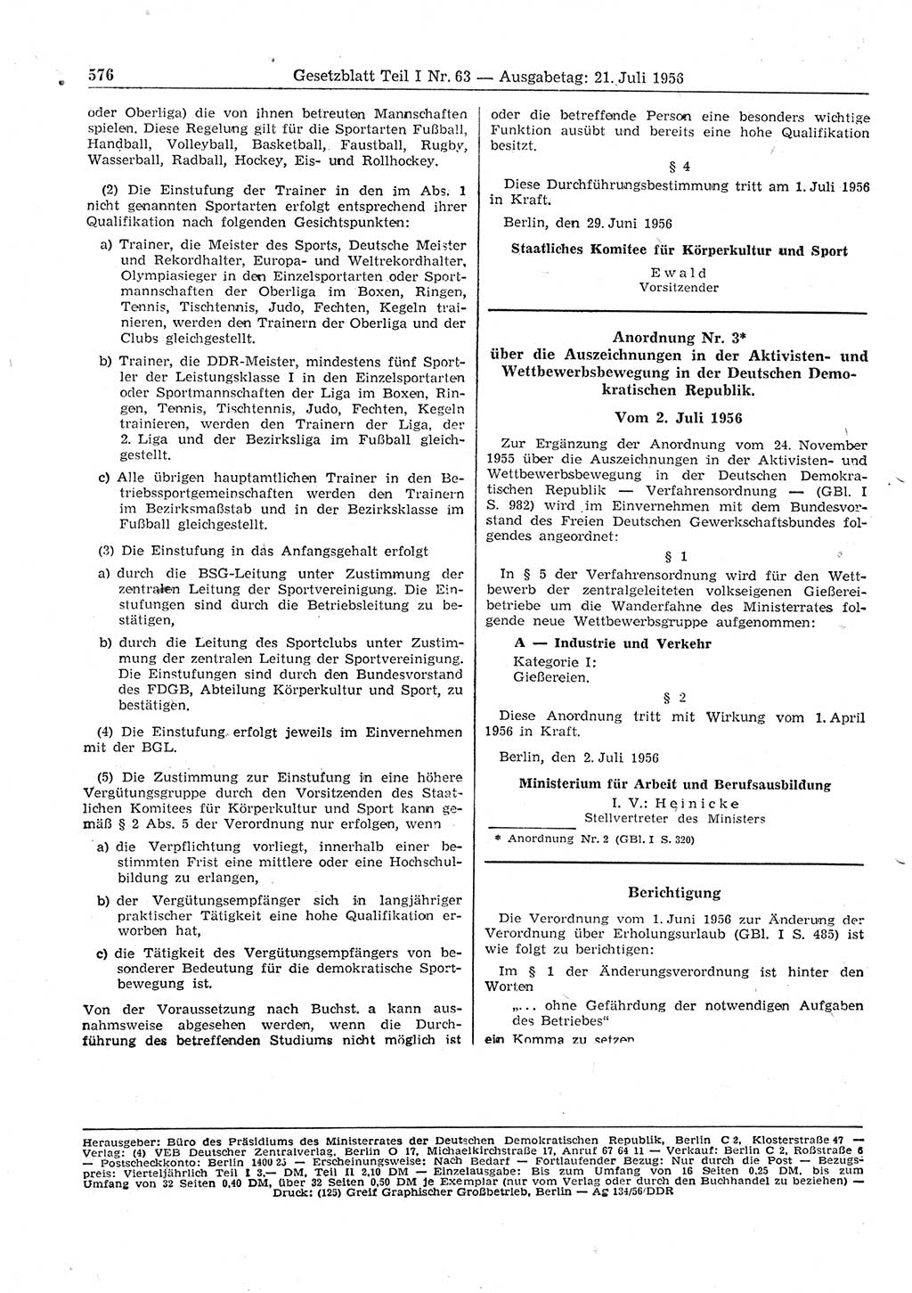 Gesetzblatt (GBl.) der Deutschen Demokratischen Republik (DDR) Teil Ⅰ 1956, Seite 576 (GBl. DDR Ⅰ 1956, S. 576)