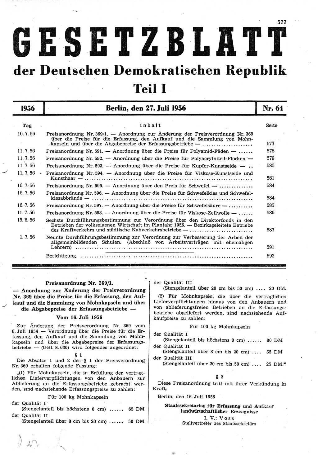 Gesetzblatt (GBl.) der Deutschen Demokratischen Republik (DDR) Teil Ⅰ 1956, Seite 577 (GBl. DDR Ⅰ 1956, S. 577)