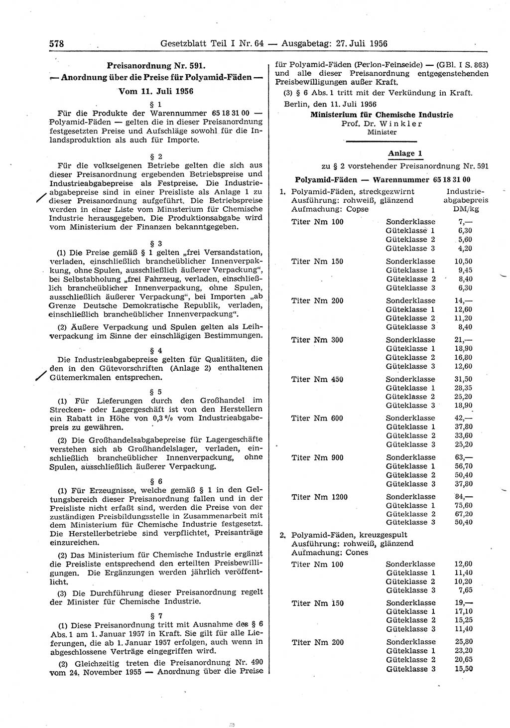 Gesetzblatt (GBl.) der Deutschen Demokratischen Republik (DDR) Teil Ⅰ 1956, Seite 578 (GBl. DDR Ⅰ 1956, S. 578)