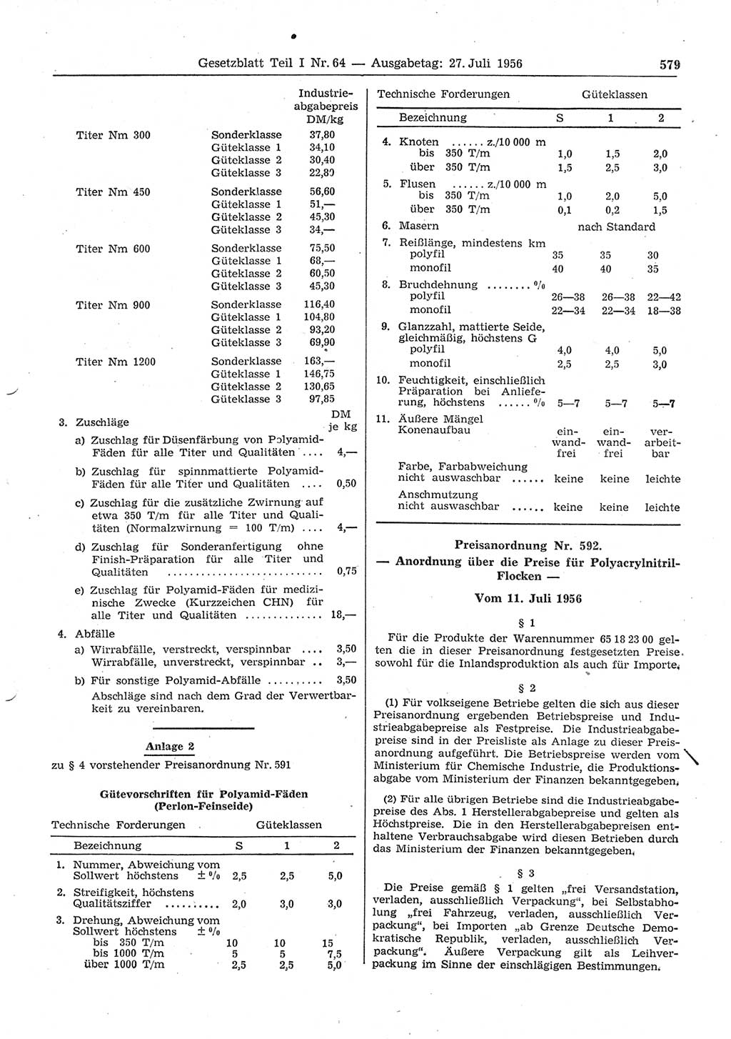 Gesetzblatt (GBl.) der Deutschen Demokratischen Republik (DDR) Teil Ⅰ 1956, Seite 579 (GBl. DDR Ⅰ 1956, S. 579)