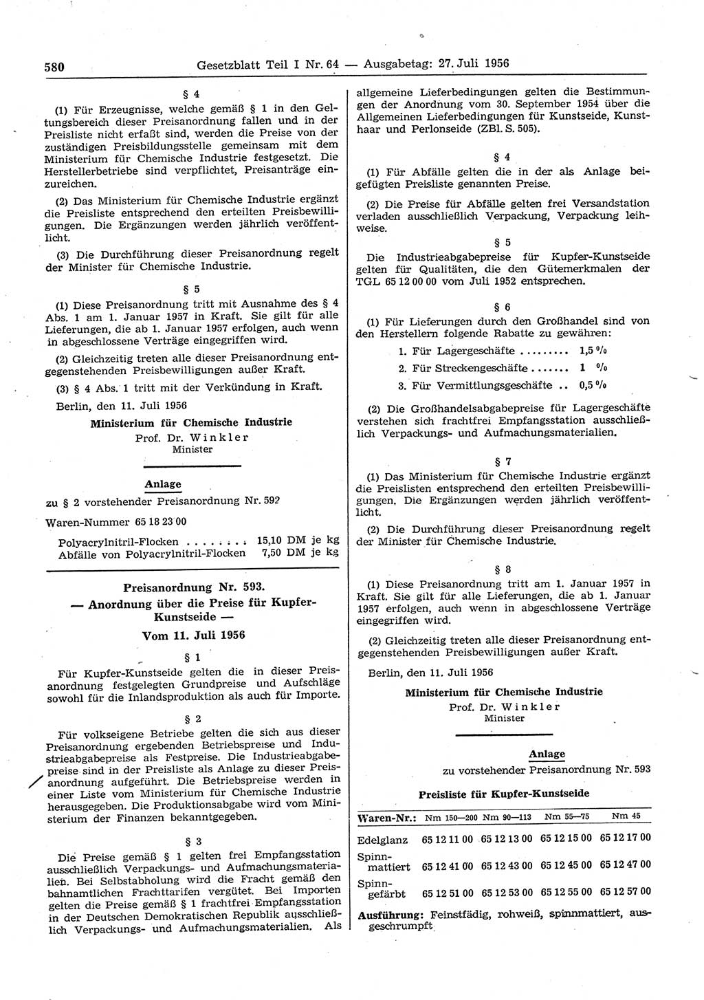 Gesetzblatt (GBl.) der Deutschen Demokratischen Republik (DDR) Teil Ⅰ 1956, Seite 580 (GBl. DDR Ⅰ 1956, S. 580)