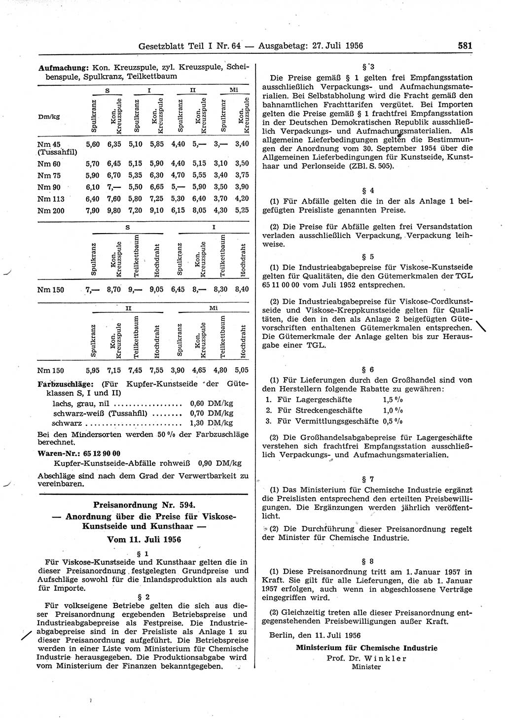 Gesetzblatt (GBl.) der Deutschen Demokratischen Republik (DDR) Teil Ⅰ 1956, Seite 581 (GBl. DDR Ⅰ 1956, S. 581)
