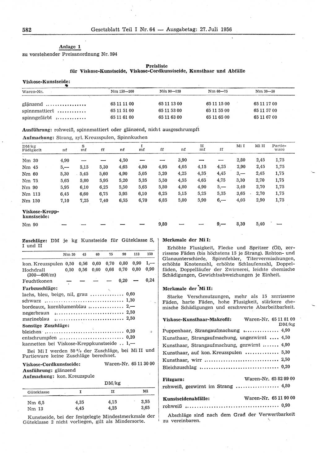 Gesetzblatt (GBl.) der Deutschen Demokratischen Republik (DDR) Teil Ⅰ 1956, Seite 582 (GBl. DDR Ⅰ 1956, S. 582)
