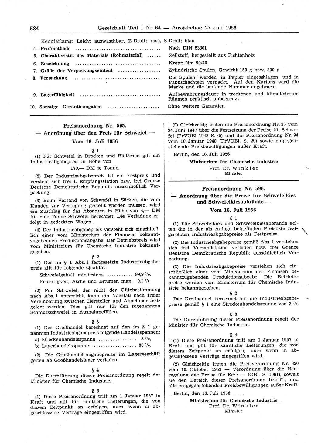 Gesetzblatt (GBl.) der Deutschen Demokratischen Republik (DDR) Teil Ⅰ 1956, Seite 584 (GBl. DDR Ⅰ 1956, S. 584)