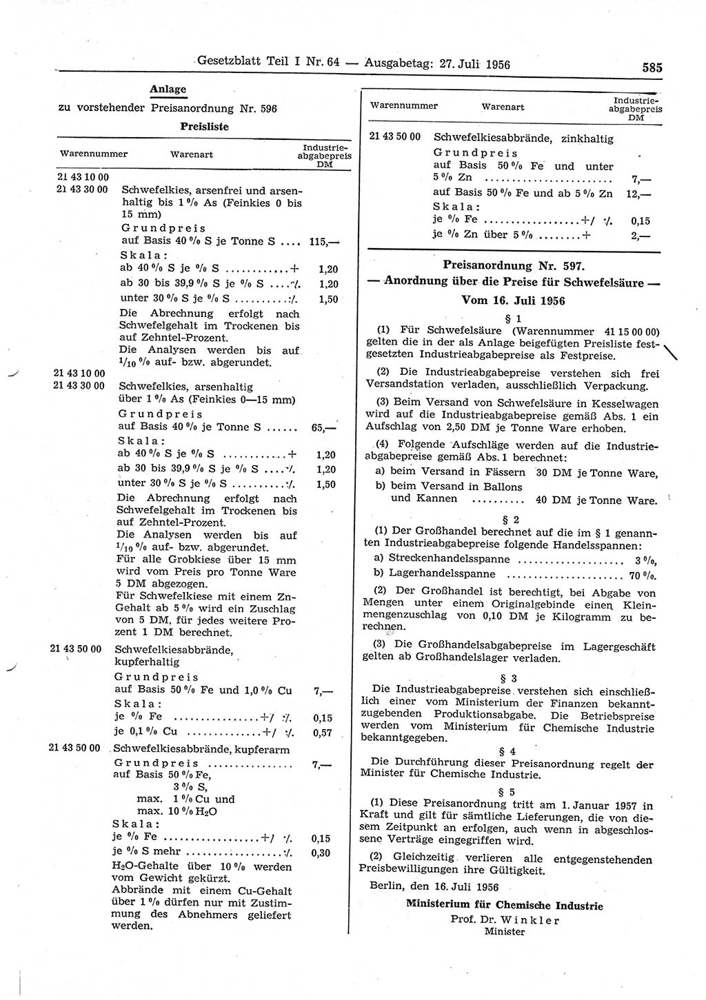 Gesetzblatt (GBl.) der Deutschen Demokratischen Republik (DDR) Teil Ⅰ 1956, Seite 585 (GBl. DDR Ⅰ 1956, S. 585)
