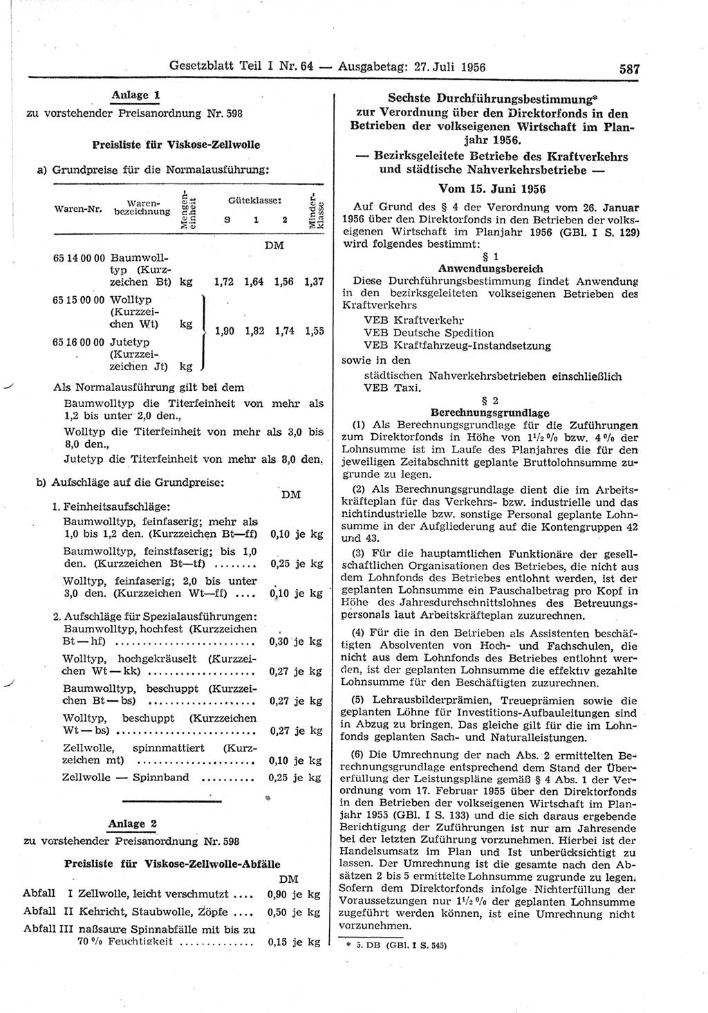 Gesetzblatt (GBl.) der Deutschen Demokratischen Republik (DDR) Teil Ⅰ 1956, Seite 587 (GBl. DDR Ⅰ 1956, S. 587)