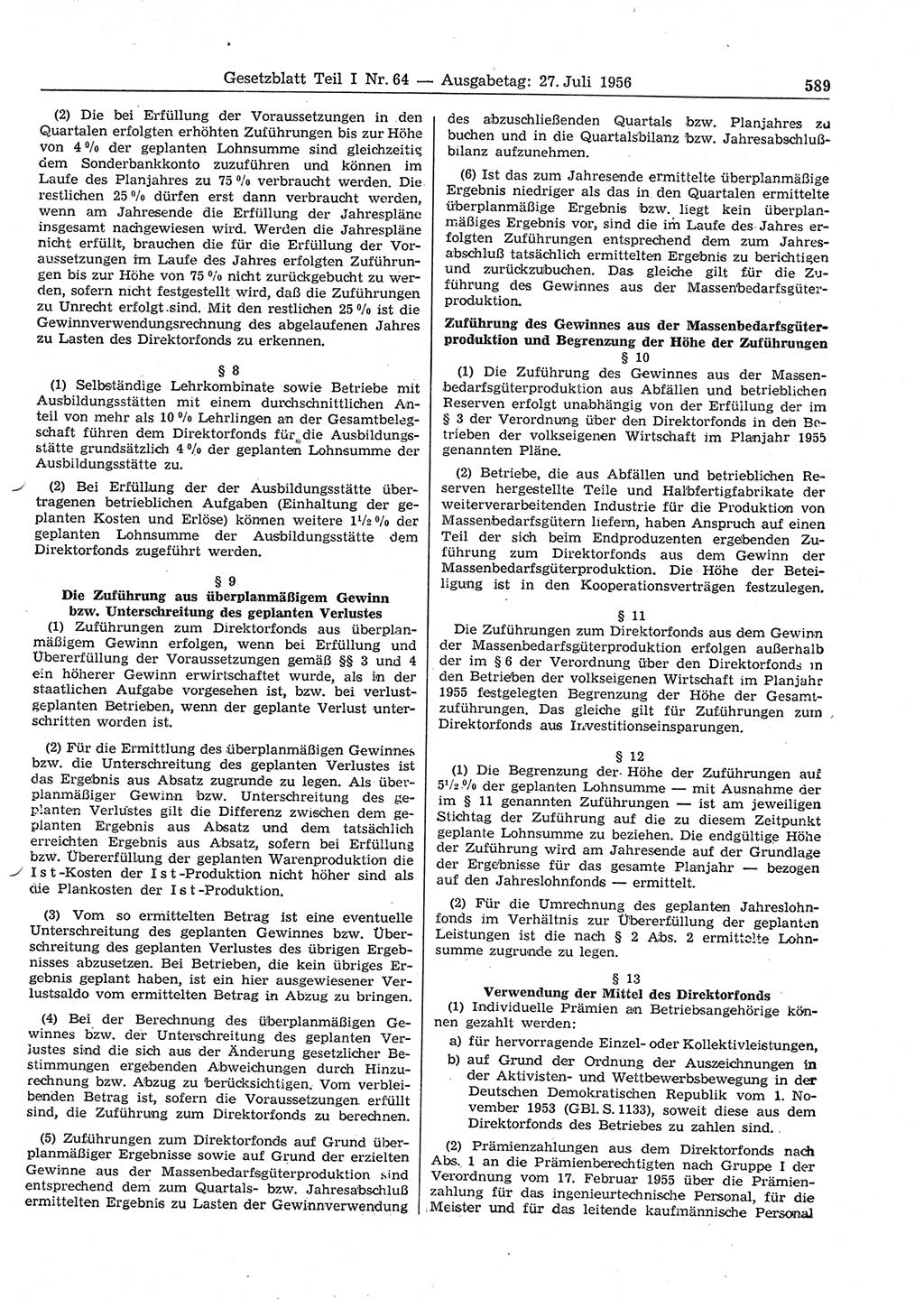 Gesetzblatt (GBl.) der Deutschen Demokratischen Republik (DDR) Teil Ⅰ 1956, Seite 589 (GBl. DDR Ⅰ 1956, S. 589)