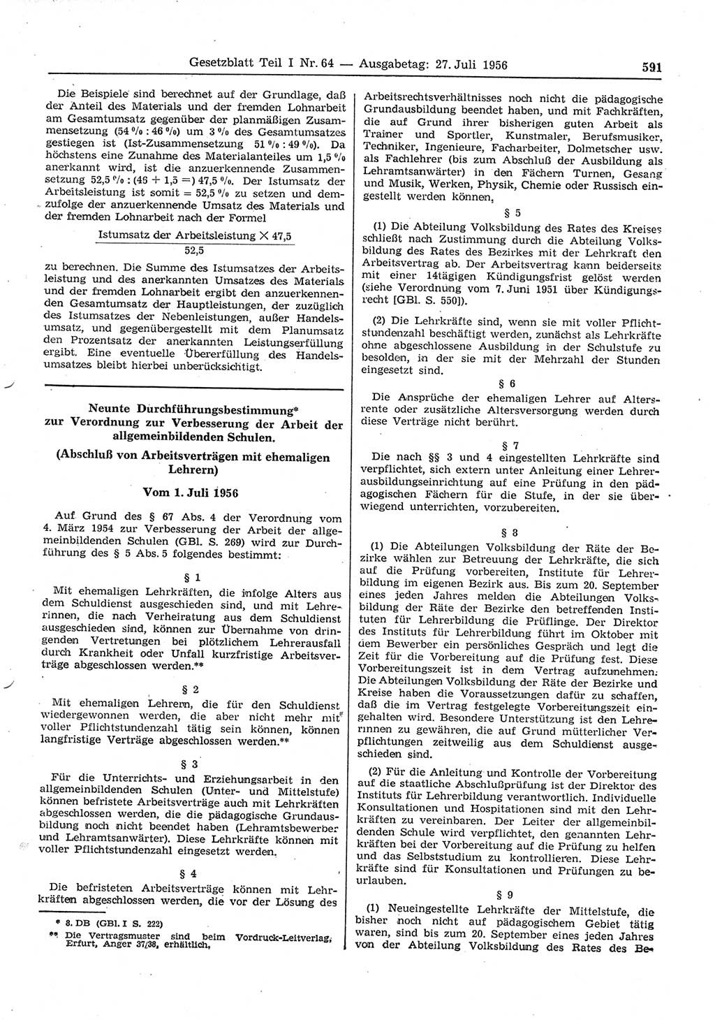 Gesetzblatt (GBl.) der Deutschen Demokratischen Republik (DDR) Teil Ⅰ 1956, Seite 591 (GBl. DDR Ⅰ 1956, S. 591)
