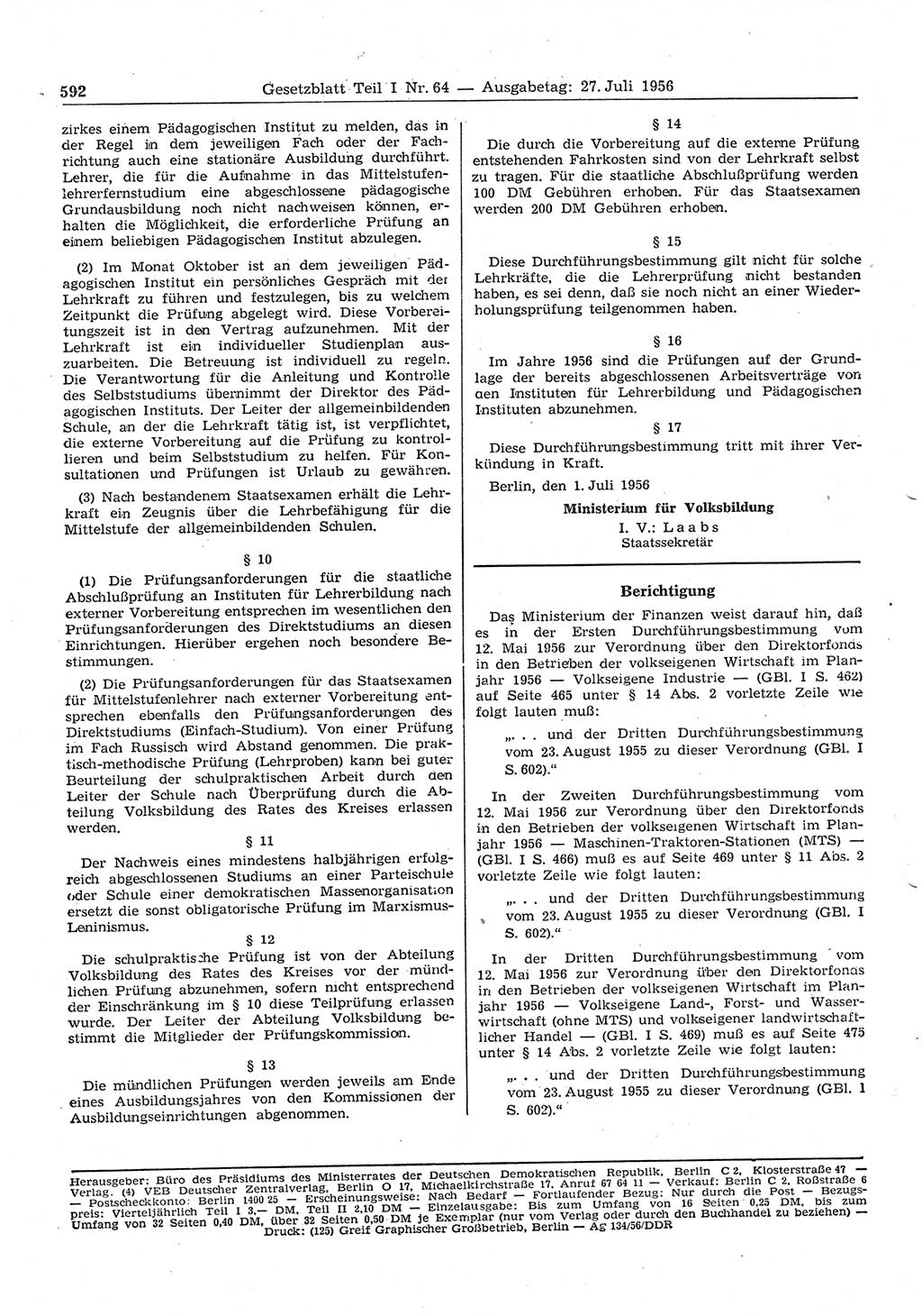 Gesetzblatt (GBl.) der Deutschen Demokratischen Republik (DDR) Teil Ⅰ 1956, Seite 592 (GBl. DDR Ⅰ 1956, S. 592)