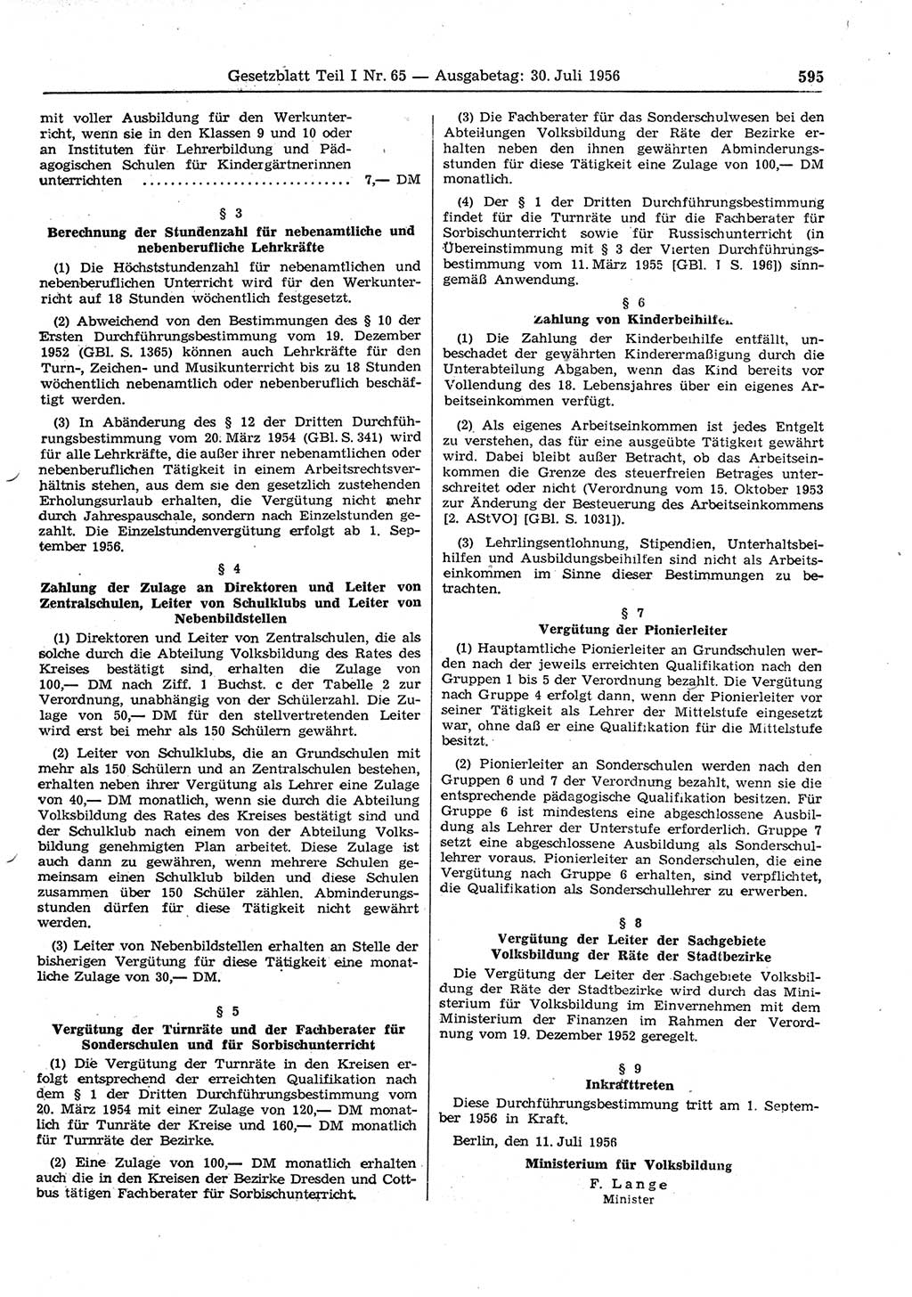 Gesetzblatt (GBl.) der Deutschen Demokratischen Republik (DDR) Teil Ⅰ 1956, Seite 595 (GBl. DDR Ⅰ 1956, S. 595)
