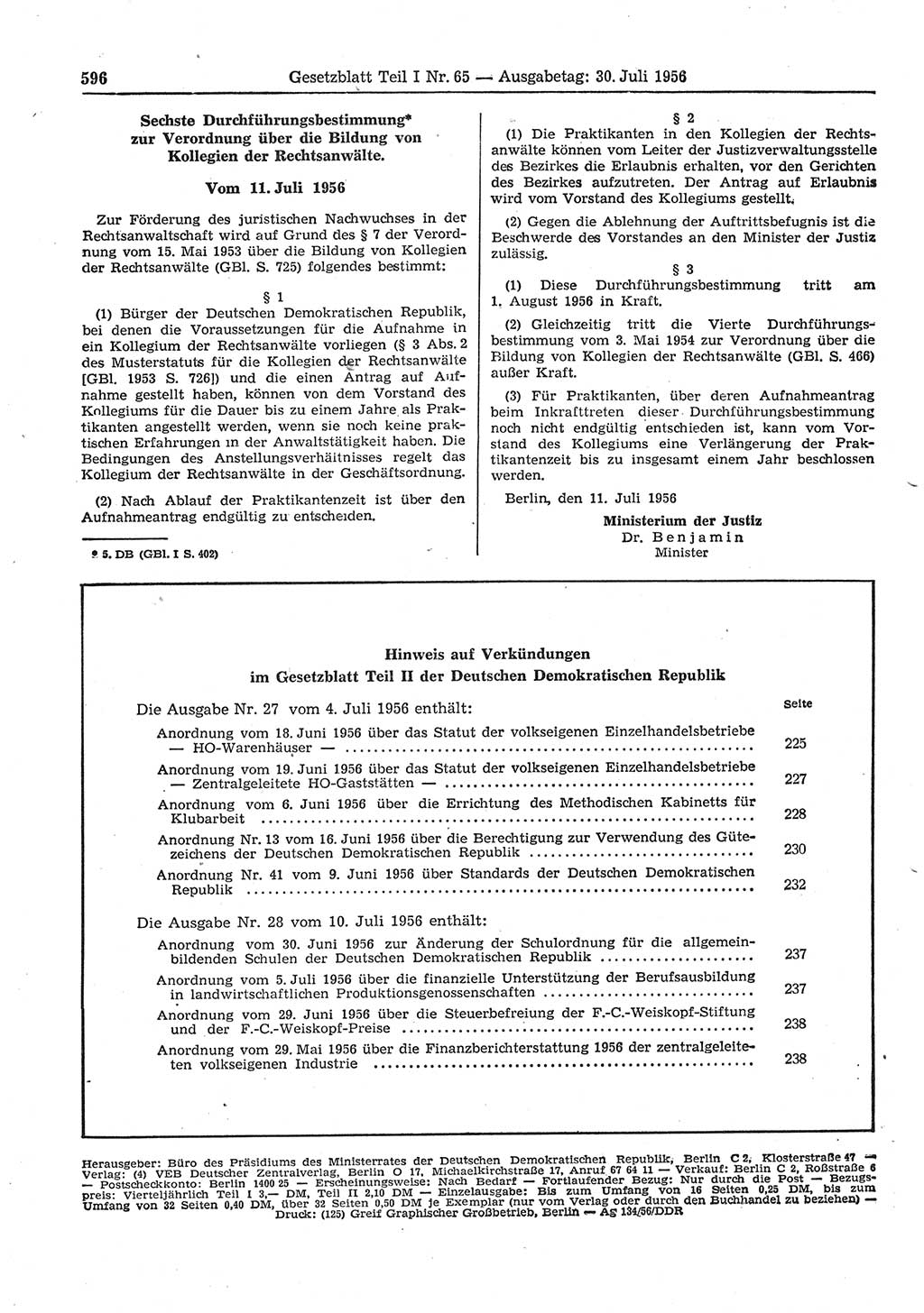 Gesetzblatt (GBl.) der Deutschen Demokratischen Republik (DDR) Teil Ⅰ 1956, Seite 596 (GBl. DDR Ⅰ 1956, S. 596)