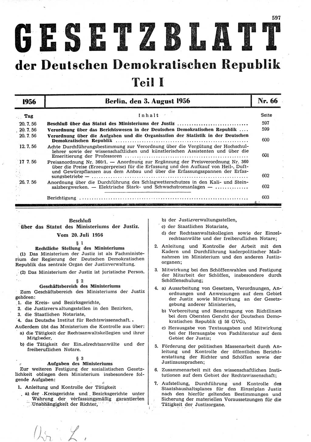 Gesetzblatt (GBl.) der Deutschen Demokratischen Republik (DDR) Teil Ⅰ 1956, Seite 597 (GBl. DDR Ⅰ 1956, S. 597)