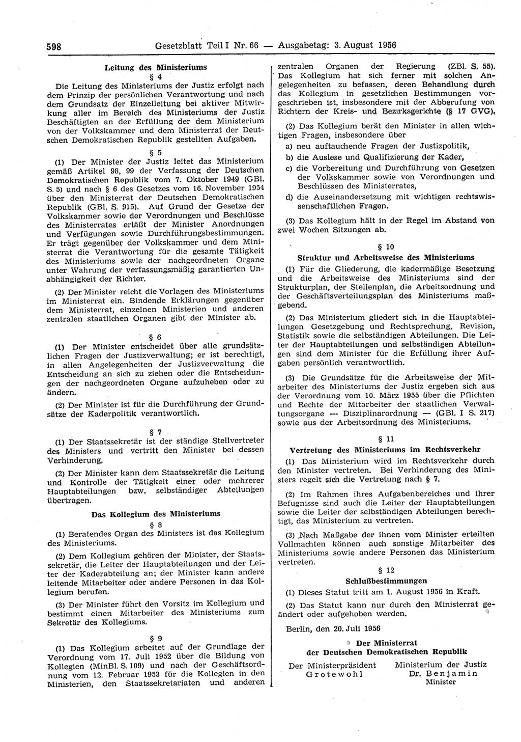 Gesetzblatt (GBl.) der Deutschen Demokratischen Republik (DDR) Teil Ⅰ 1956, Seite 598 (GBl. DDR Ⅰ 1956, S. 598)