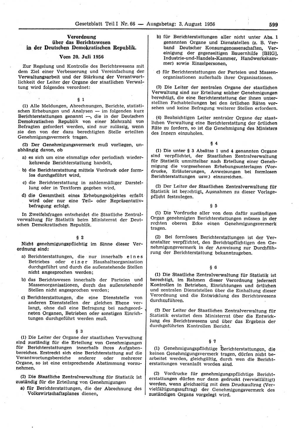 Gesetzblatt (GBl.) der Deutschen Demokratischen Republik (DDR) Teil Ⅰ 1956, Seite 599 (GBl. DDR Ⅰ 1956, S. 599)