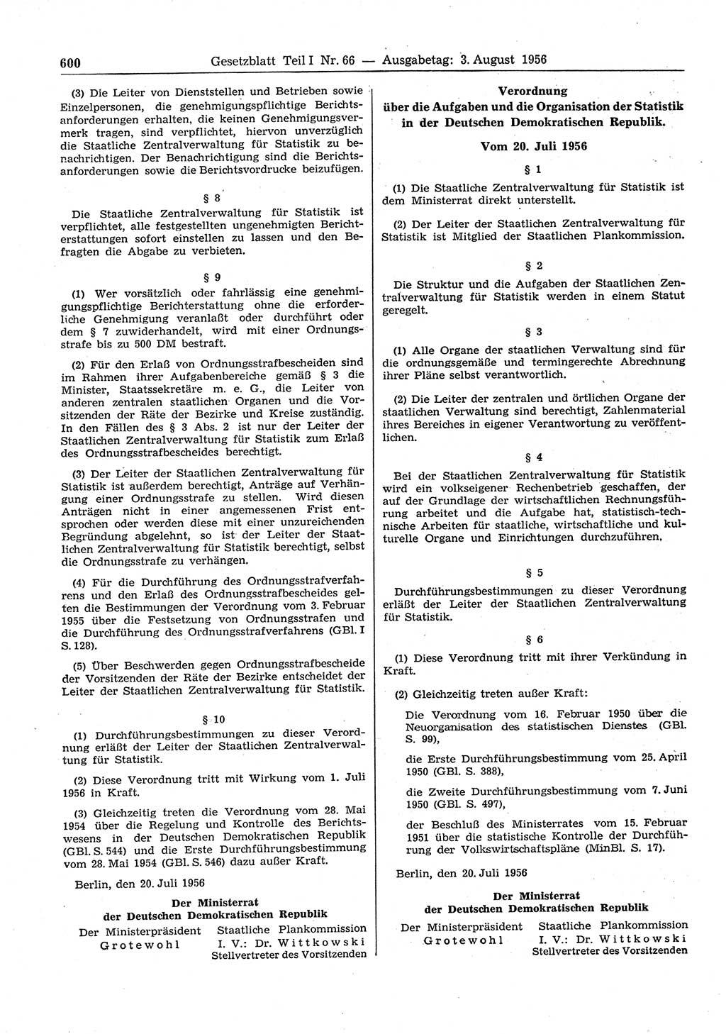 Gesetzblatt (GBl.) der Deutschen Demokratischen Republik (DDR) Teil Ⅰ 1956, Seite 600 (GBl. DDR Ⅰ 1956, S. 600)