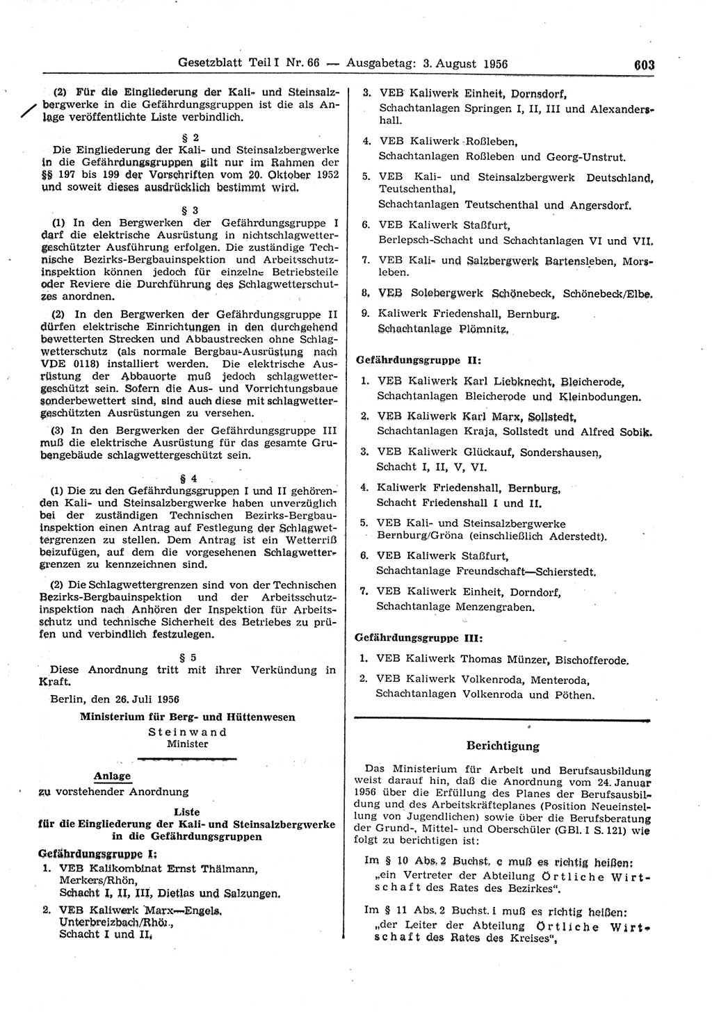 Gesetzblatt (GBl.) der Deutschen Demokratischen Republik (DDR) Teil Ⅰ 1956, Seite 603 (GBl. DDR Ⅰ 1956, S. 603)