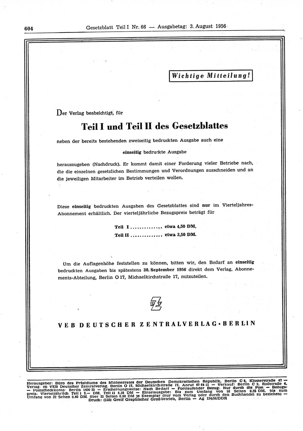 Gesetzblatt (GBl.) der Deutschen Demokratischen Republik (DDR) Teil Ⅰ 1956, Seite 604 (GBl. DDR Ⅰ 1956, S. 604)