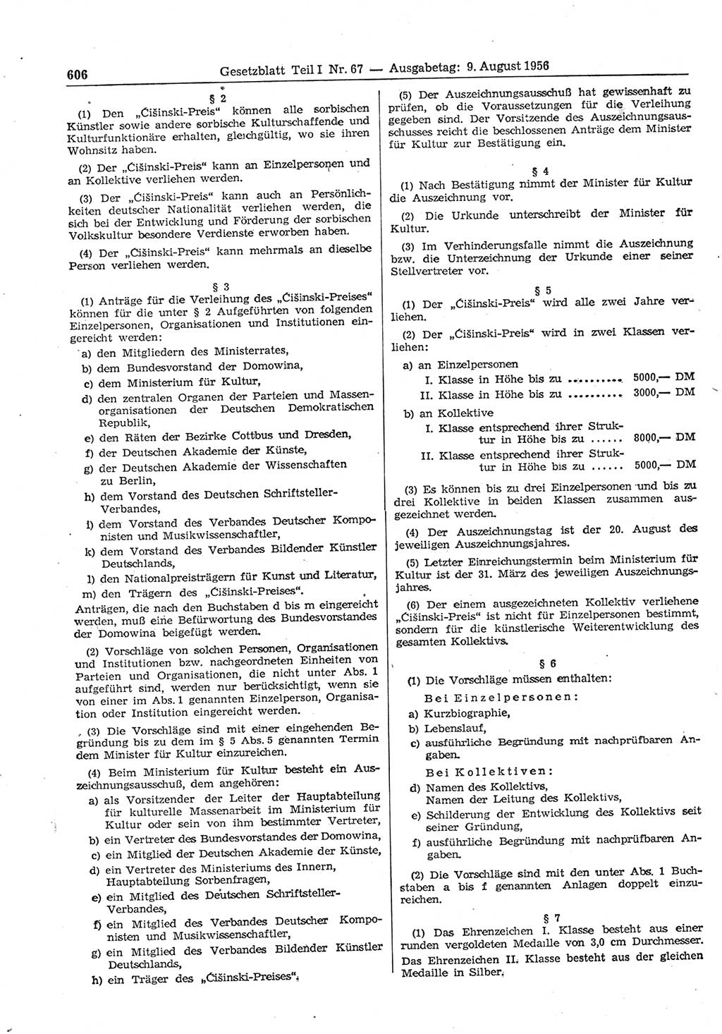 Gesetzblatt (GBl.) der Deutschen Demokratischen Republik (DDR) Teil Ⅰ 1956, Seite 606 (GBl. DDR Ⅰ 1956, S. 606)