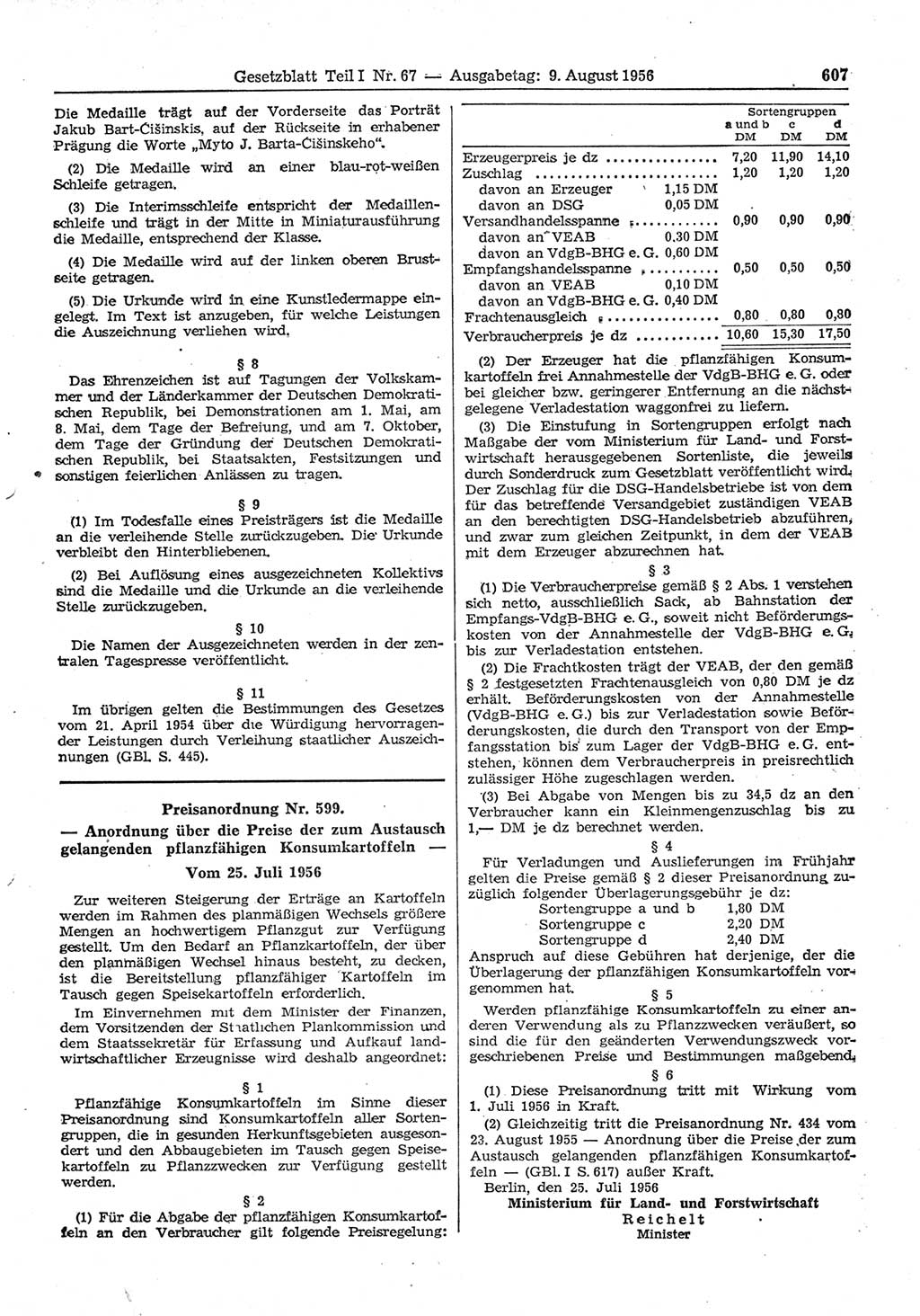 Gesetzblatt (GBl.) der Deutschen Demokratischen Republik (DDR) Teil Ⅰ 1956, Seite 607 (GBl. DDR Ⅰ 1956, S. 607)
