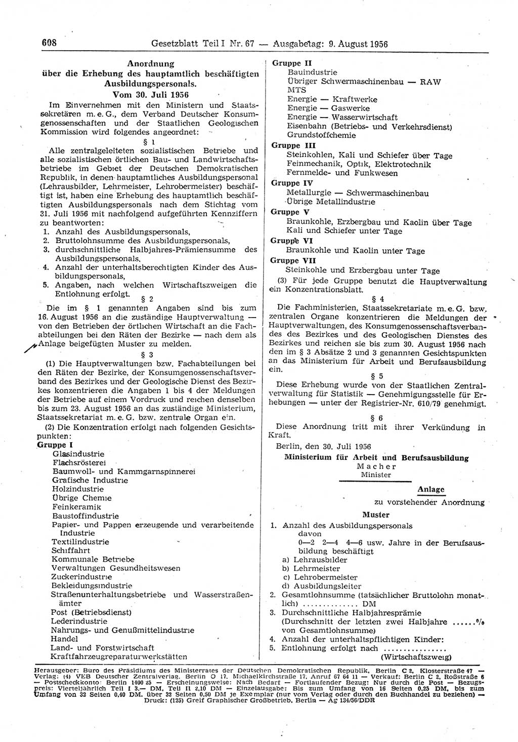 Gesetzblatt (GBl.) der Deutschen Demokratischen Republik (DDR) Teil Ⅰ 1956, Seite 608 (GBl. DDR Ⅰ 1956, S. 608)