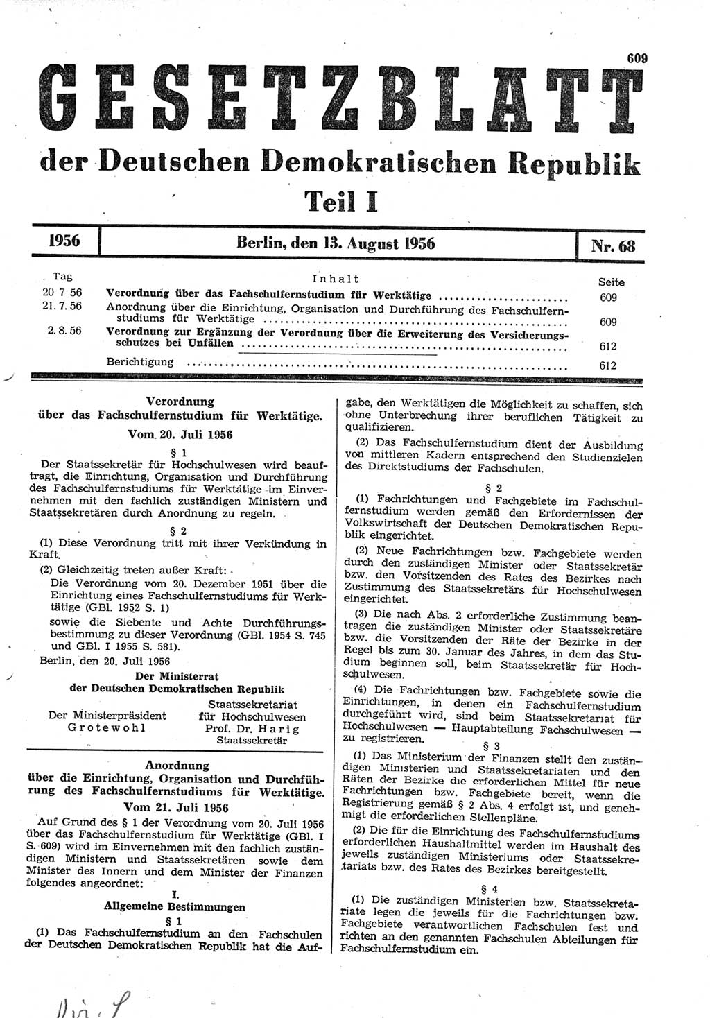 Gesetzblatt (GBl.) der Deutschen Demokratischen Republik (DDR) Teil Ⅰ 1956, Seite 609 (GBl. DDR Ⅰ 1956, S. 609)