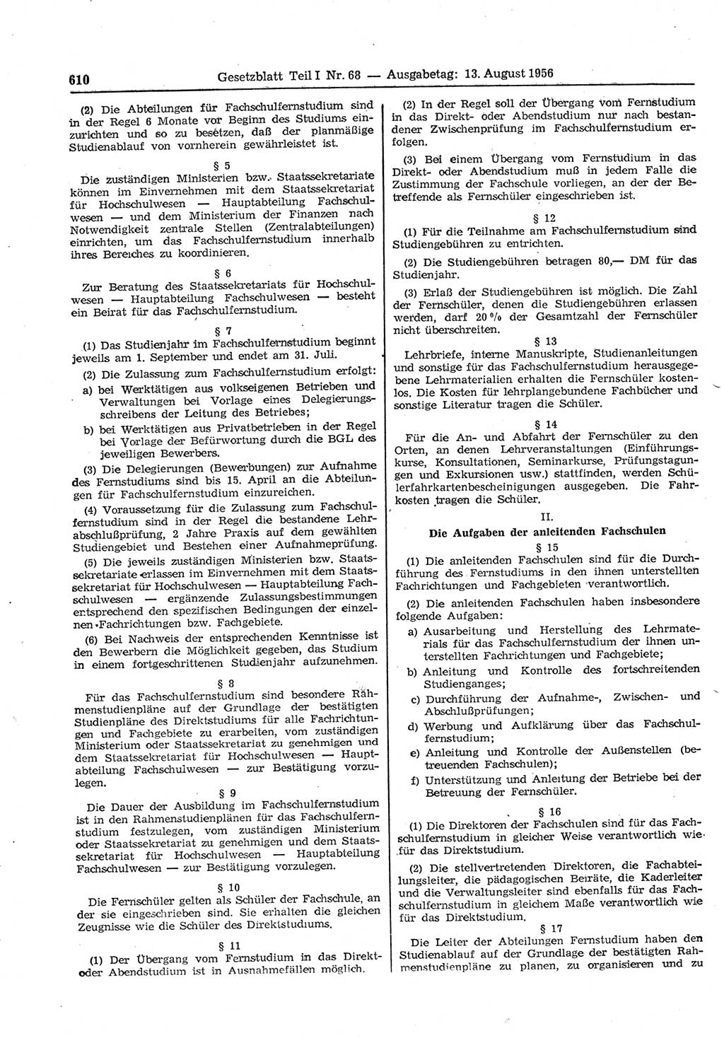 Gesetzblatt (GBl.) der Deutschen Demokratischen Republik (DDR) Teil Ⅰ 1956, Seite 610 (GBl. DDR Ⅰ 1956, S. 610)