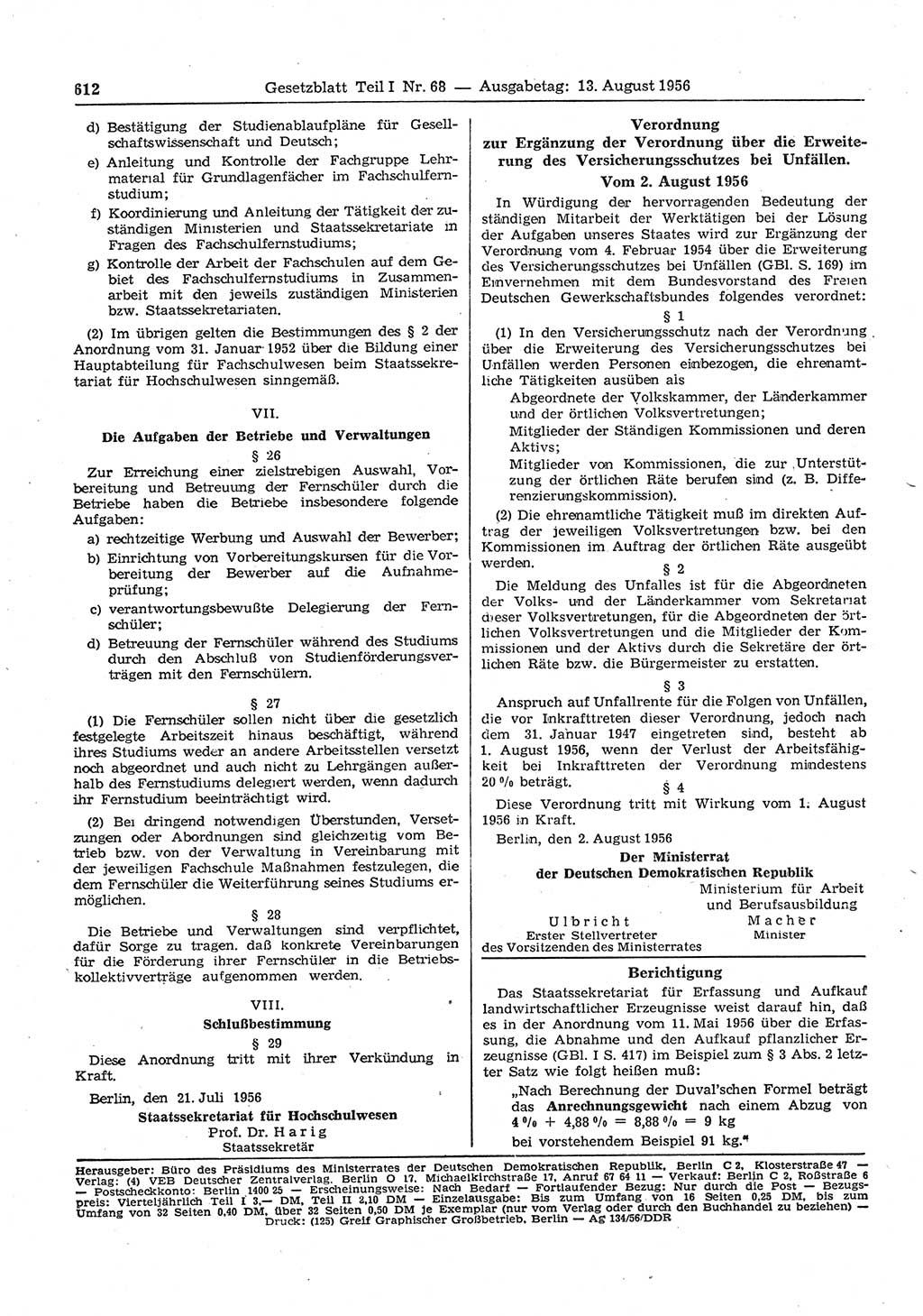 Gesetzblatt (GBl.) der Deutschen Demokratischen Republik (DDR) Teil Ⅰ 1956, Seite 612 (GBl. DDR Ⅰ 1956, S. 612)