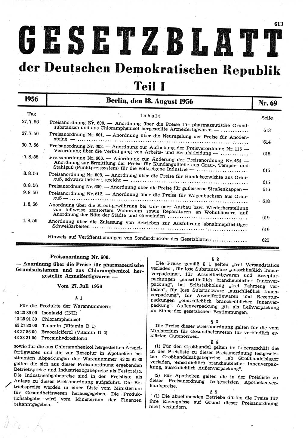 Gesetzblatt (GBl.) der Deutschen Demokratischen Republik (DDR) Teil Ⅰ 1956, Seite 613 (GBl. DDR Ⅰ 1956, S. 613)