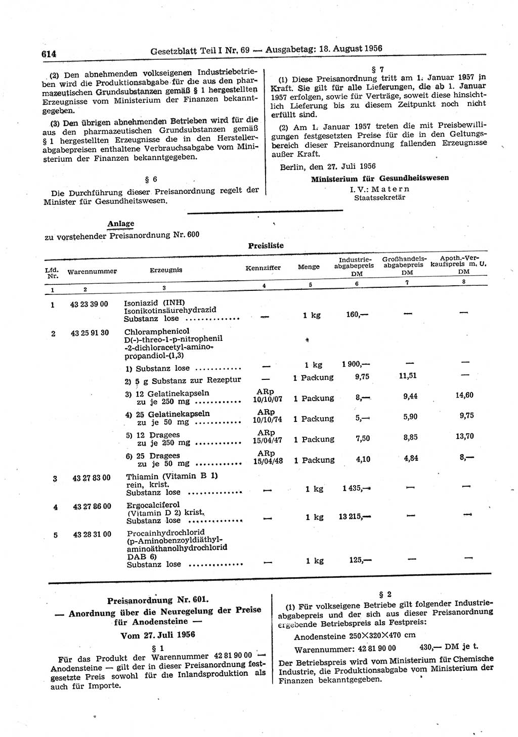 Gesetzblatt (GBl.) der Deutschen Demokratischen Republik (DDR) Teil Ⅰ 1956, Seite 614 (GBl. DDR Ⅰ 1956, S. 614)