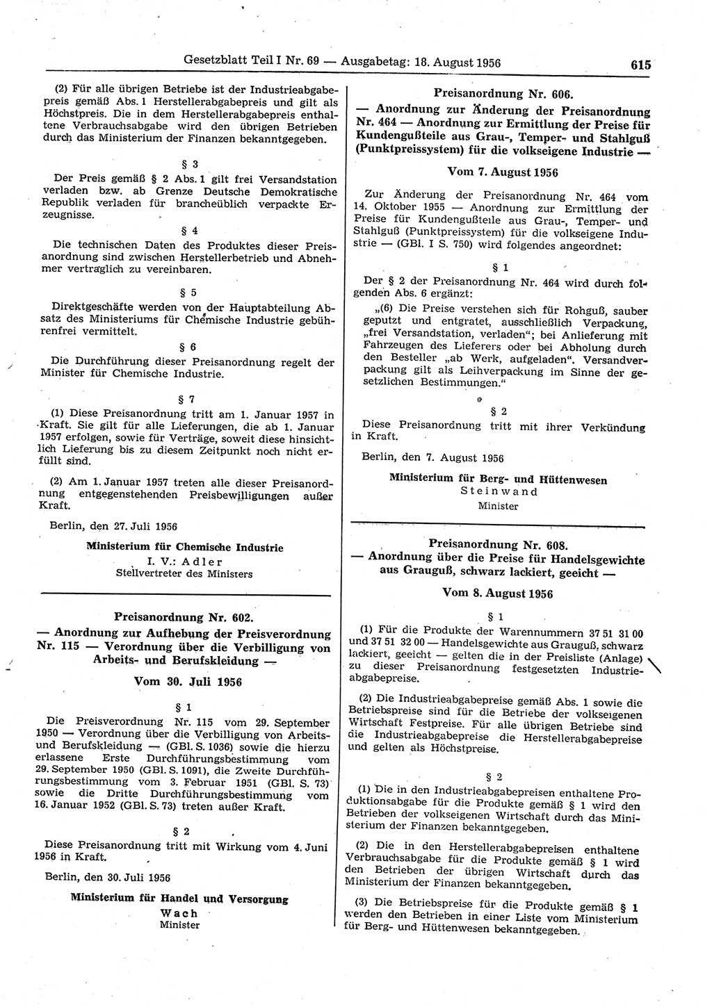 Gesetzblatt (GBl.) der Deutschen Demokratischen Republik (DDR) Teil Ⅰ 1956, Seite 615 (GBl. DDR Ⅰ 1956, S. 615)