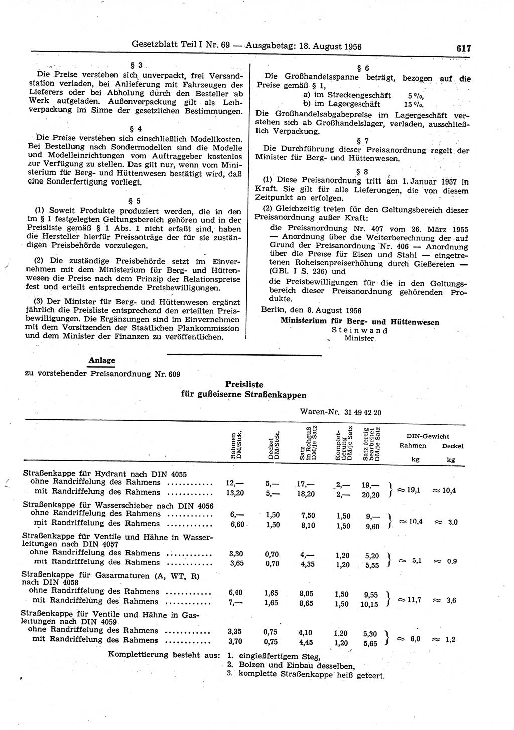 Gesetzblatt (GBl.) der Deutschen Demokratischen Republik (DDR) Teil Ⅰ 1956, Seite 617 (GBl. DDR Ⅰ 1956, S. 617)