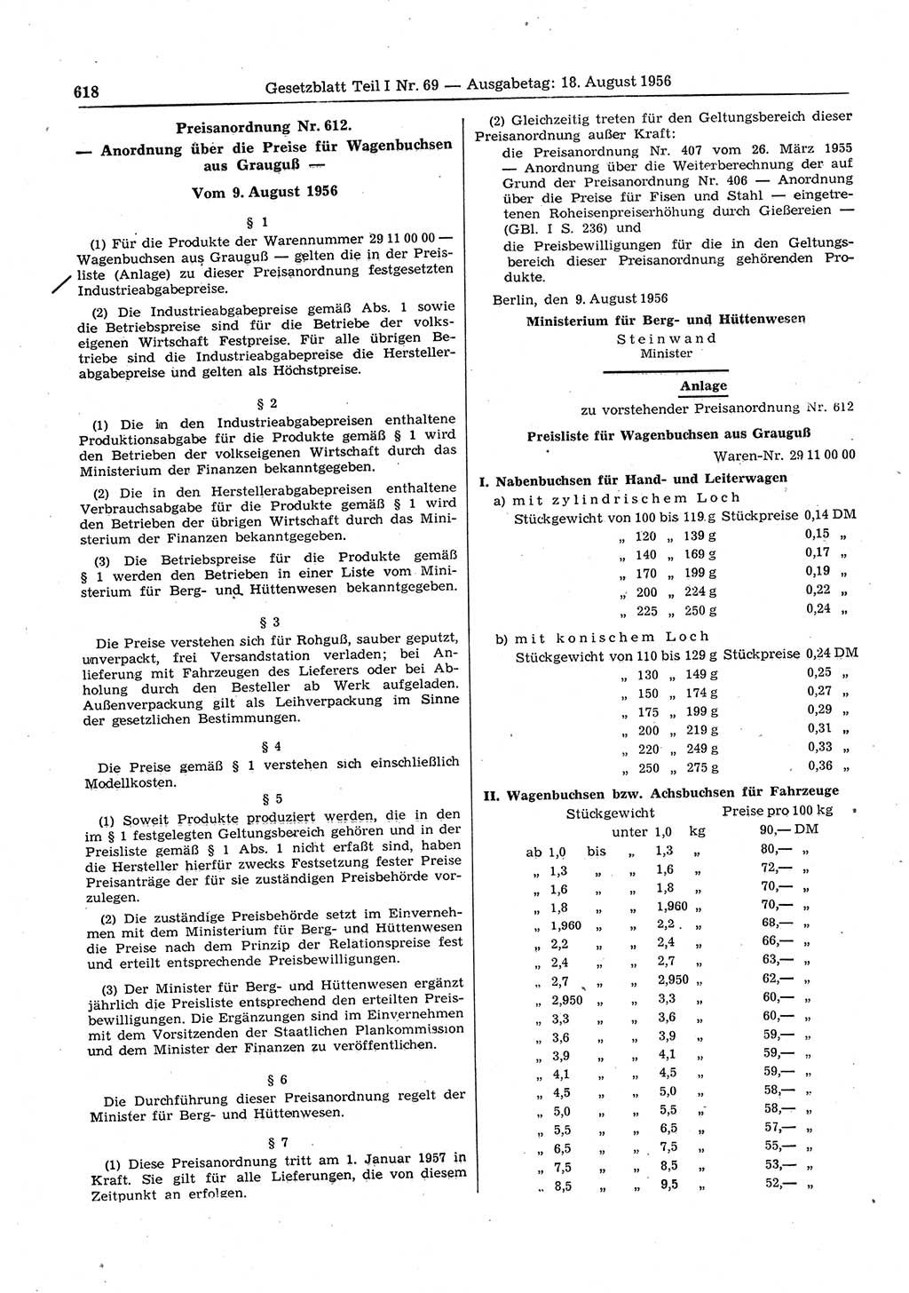 Gesetzblatt (GBl.) der Deutschen Demokratischen Republik (DDR) Teil Ⅰ 1956, Seite 618 (GBl. DDR Ⅰ 1956, S. 618)