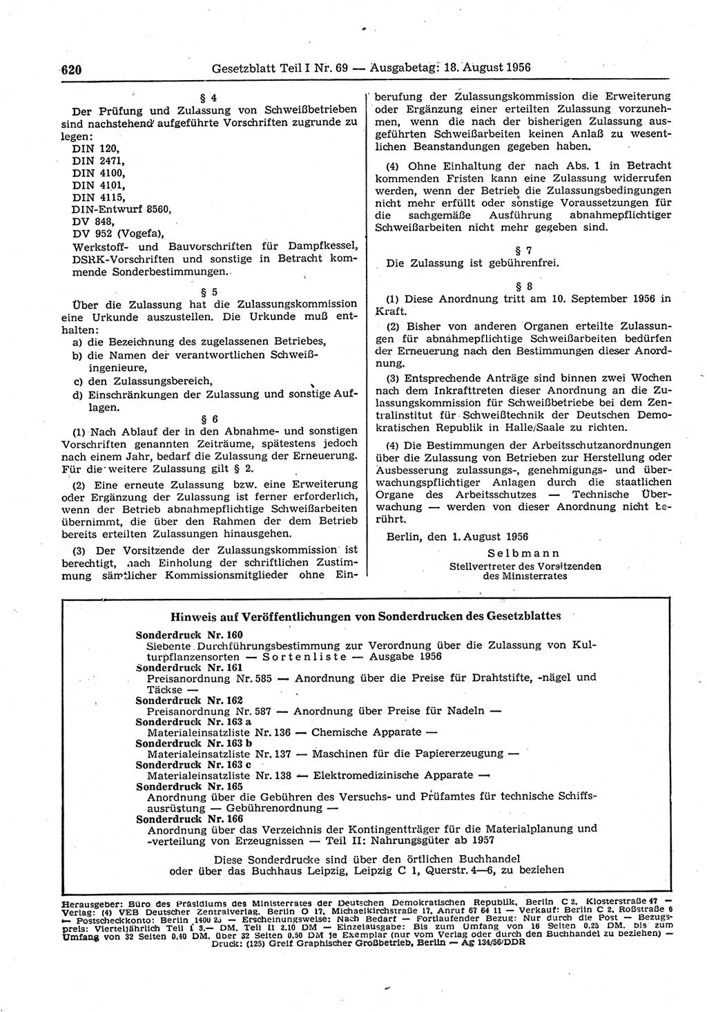 Gesetzblatt (GBl.) der Deutschen Demokratischen Republik (DDR) Teil Ⅰ 1956, Seite 620 (GBl. DDR Ⅰ 1956, S. 620)