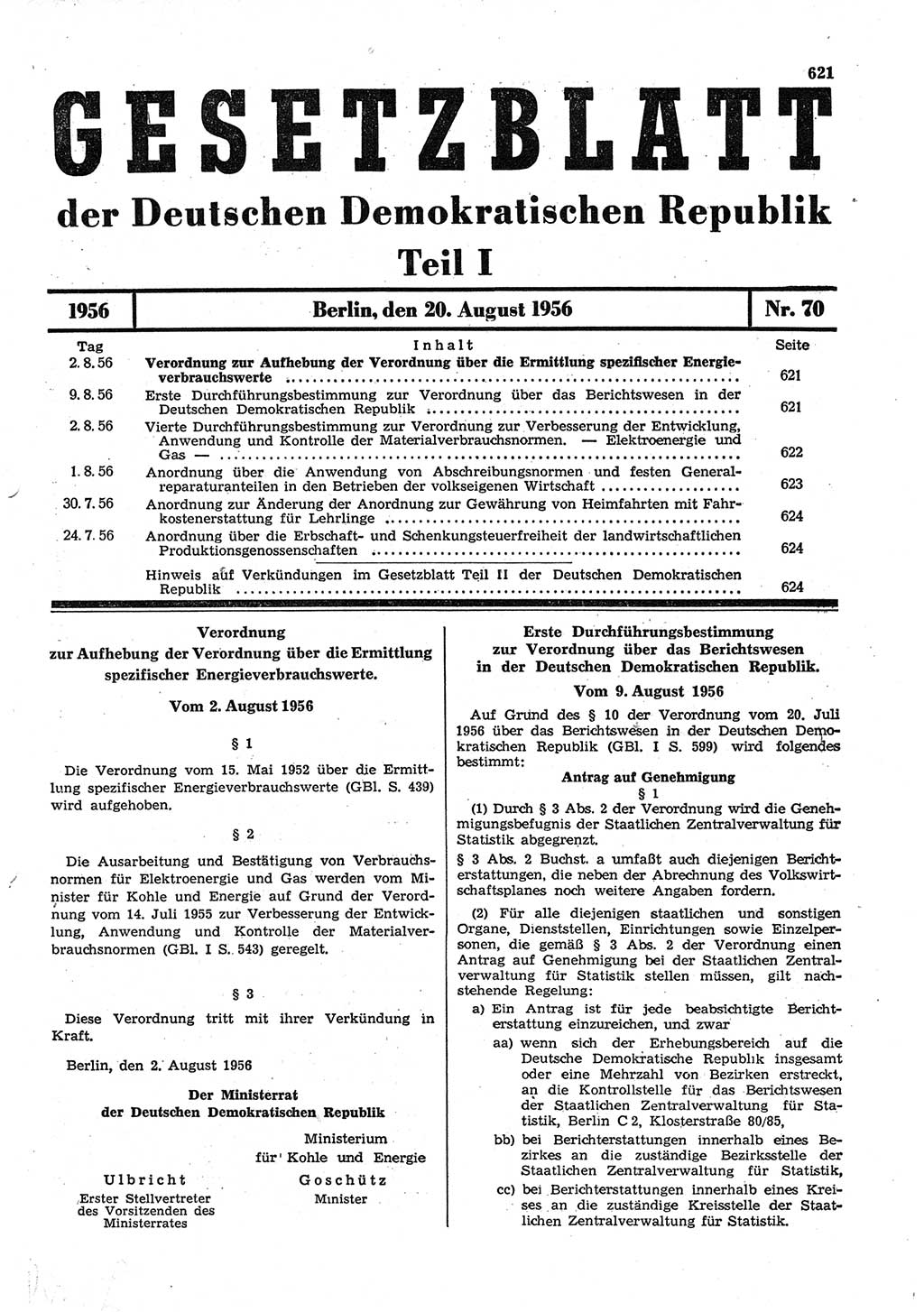 Gesetzblatt (GBl.) der Deutschen Demokratischen Republik (DDR) Teil Ⅰ 1956, Seite 621 (GBl. DDR Ⅰ 1956, S. 621)