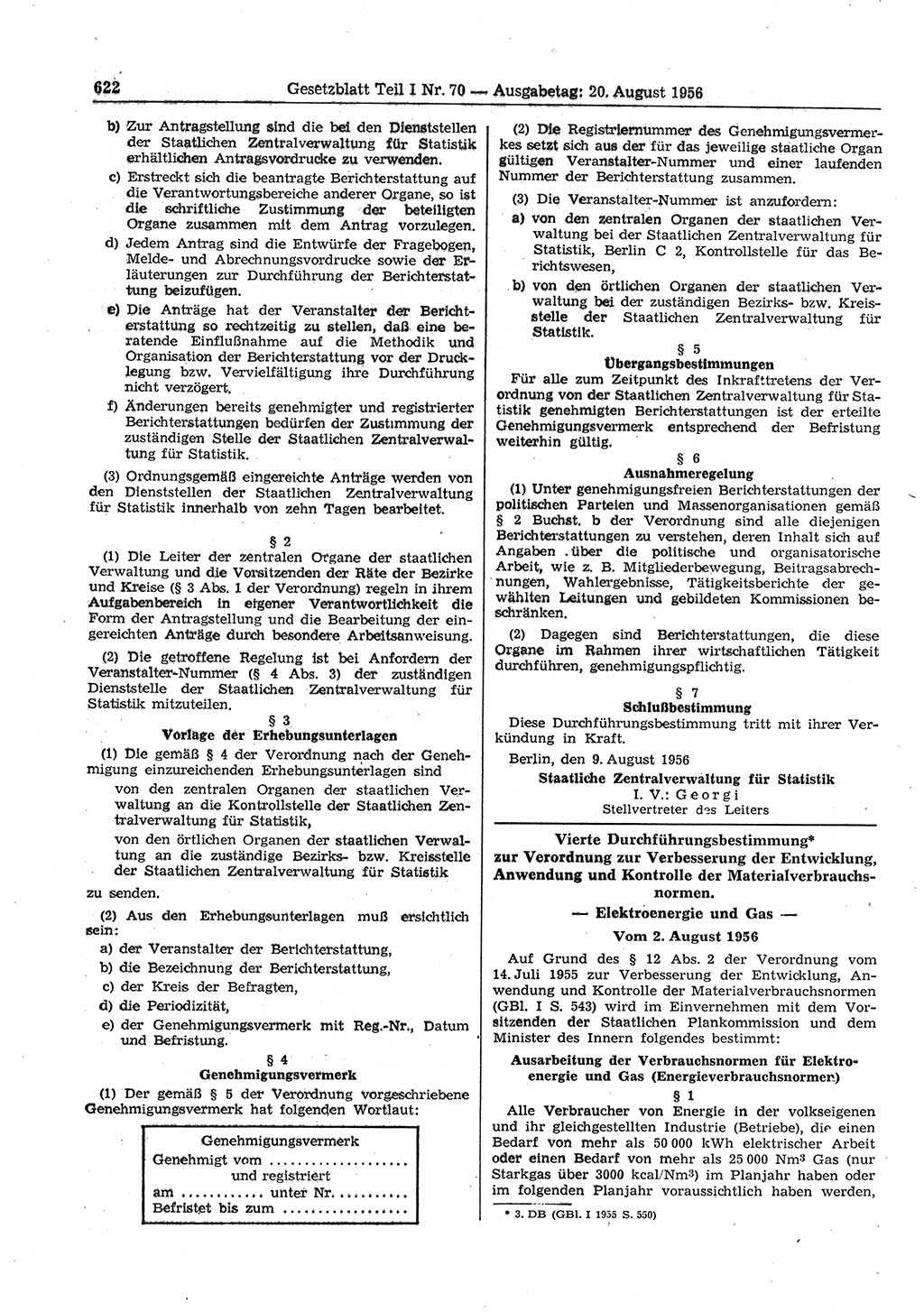 Gesetzblatt (GBl.) der Deutschen Demokratischen Republik (DDR) Teil Ⅰ 1956, Seite 622 (GBl. DDR Ⅰ 1956, S. 622)
