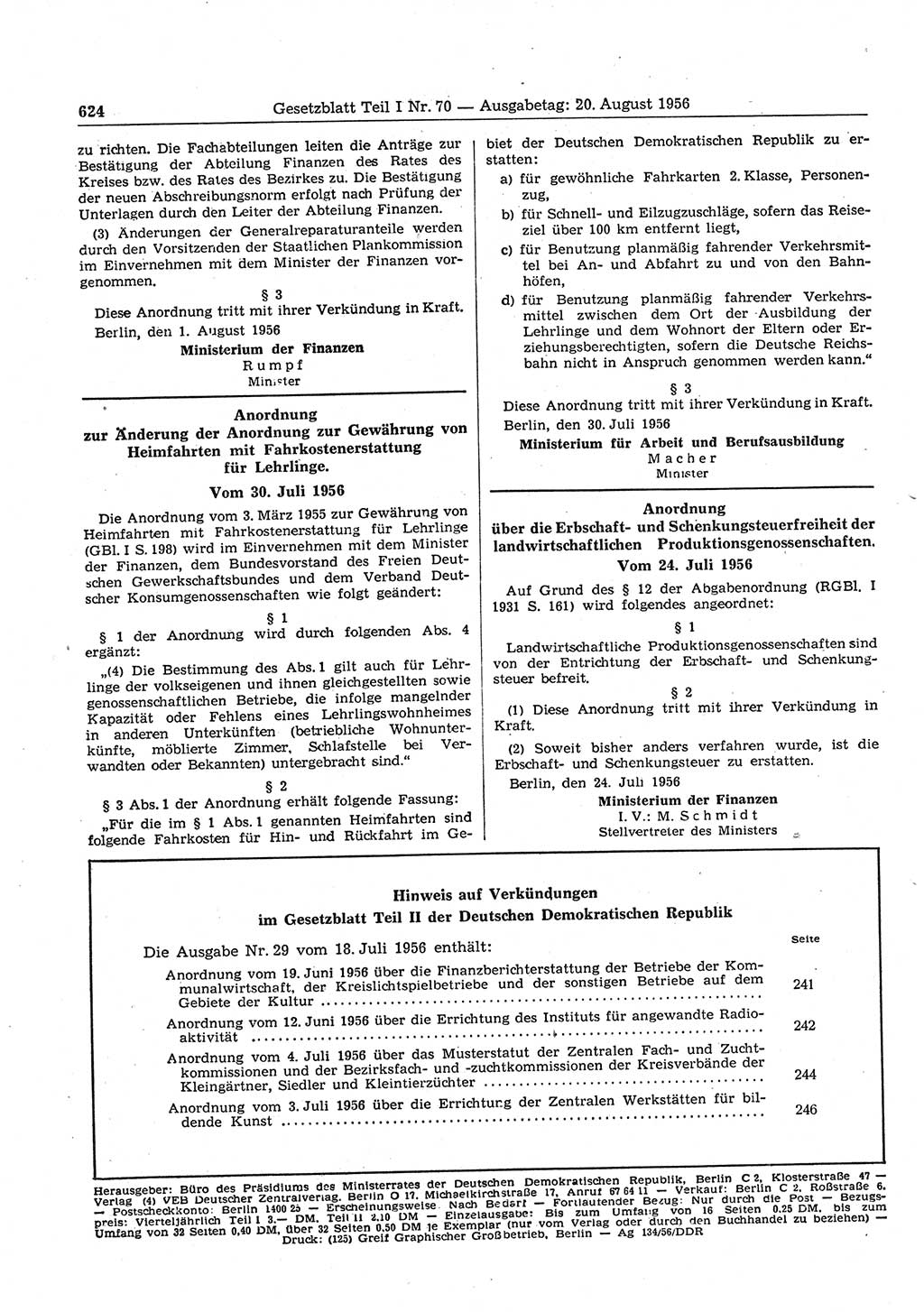 Gesetzblatt (GBl.) der Deutschen Demokratischen Republik (DDR) Teil Ⅰ 1956, Seite 624 (GBl. DDR Ⅰ 1956, S. 624)