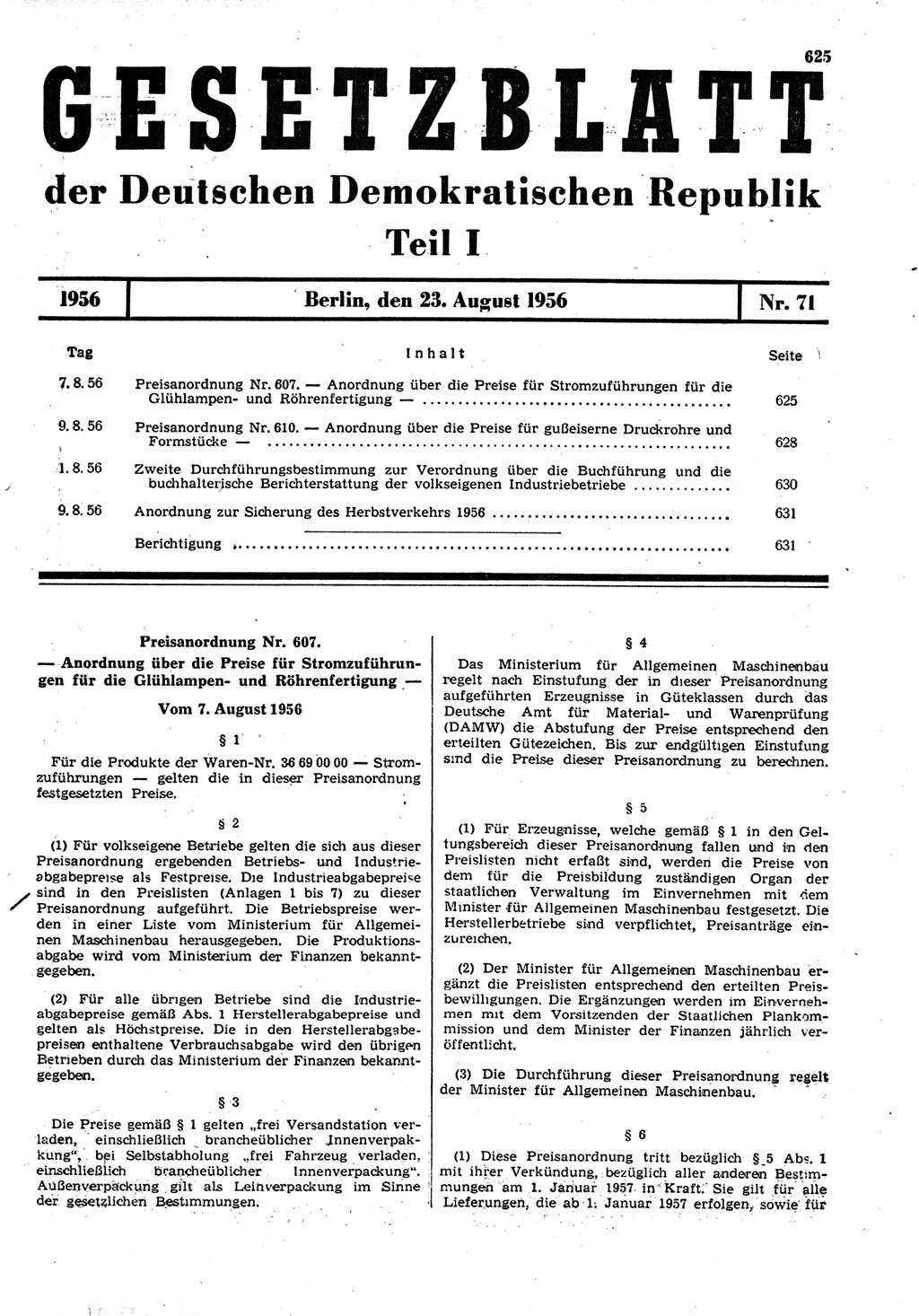 Gesetzblatt (GBl.) der Deutschen Demokratischen Republik (DDR) Teil Ⅰ 1956, Seite 625 (GBl. DDR Ⅰ 1956, S. 625)