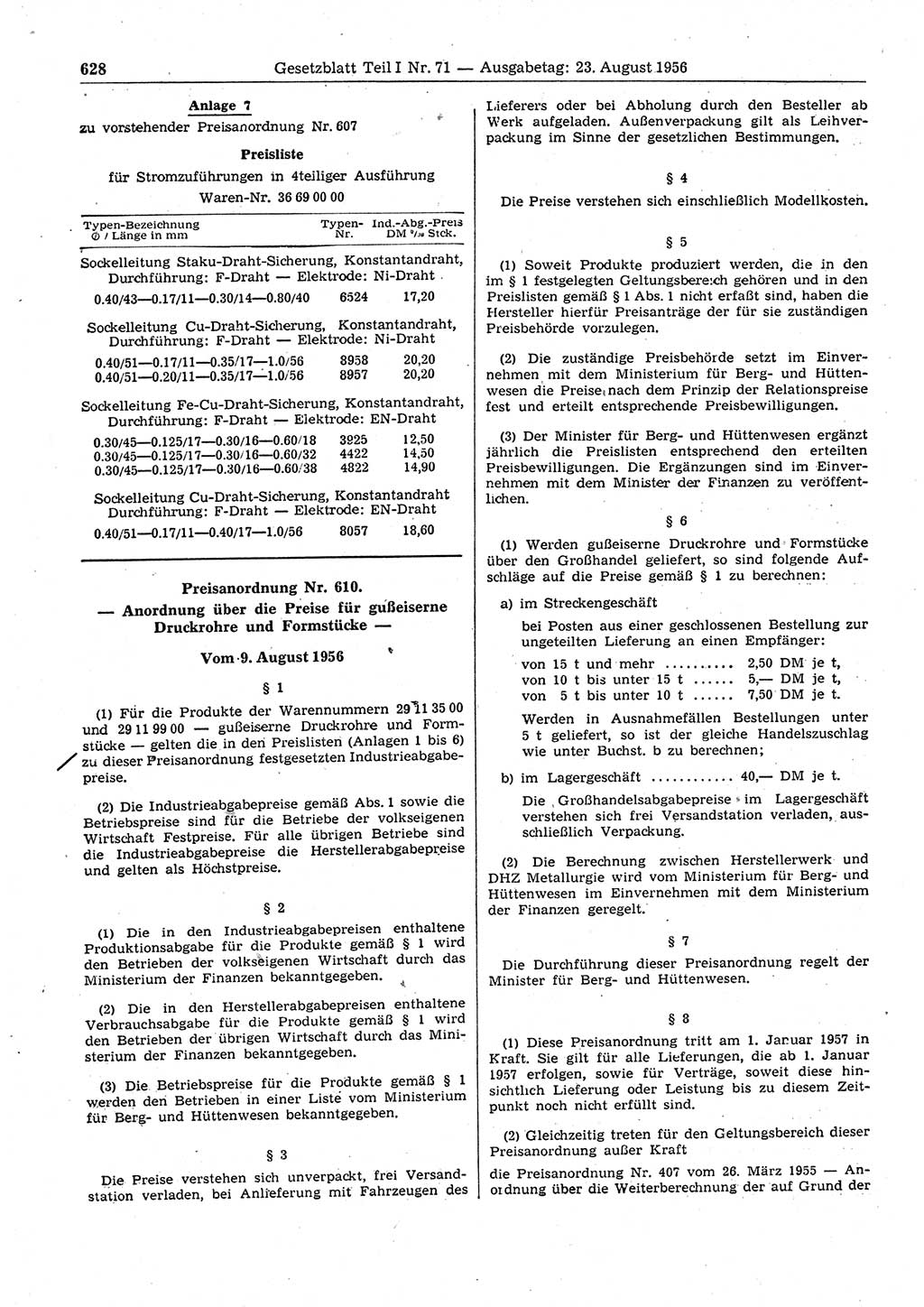 Gesetzblatt (GBl.) der Deutschen Demokratischen Republik (DDR) Teil Ⅰ 1956, Seite 628 (GBl. DDR Ⅰ 1956, S. 628)