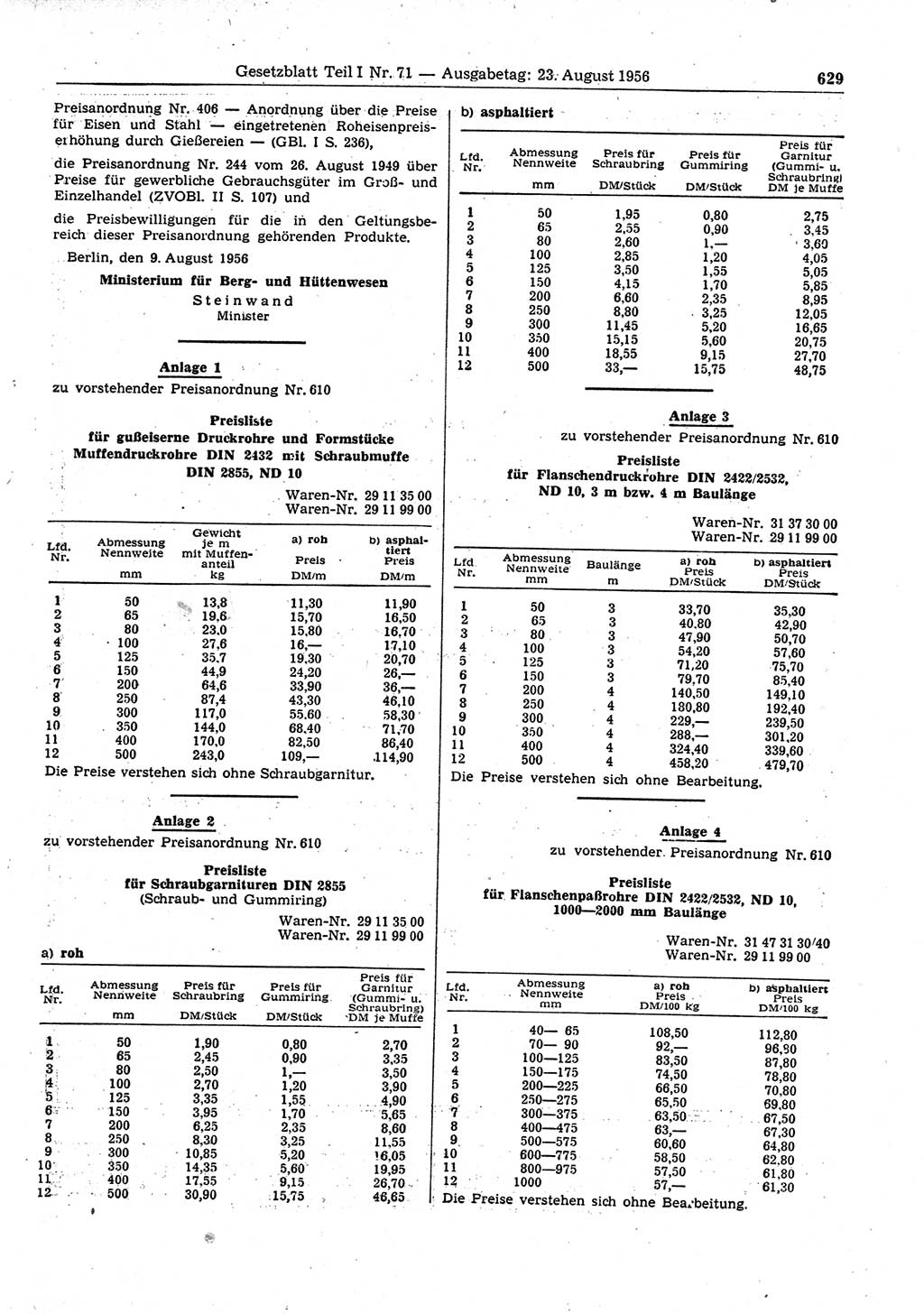 Gesetzblatt (GBl.) der Deutschen Demokratischen Republik (DDR) Teil Ⅰ 1956, Seite 629 (GBl. DDR Ⅰ 1956, S. 629)