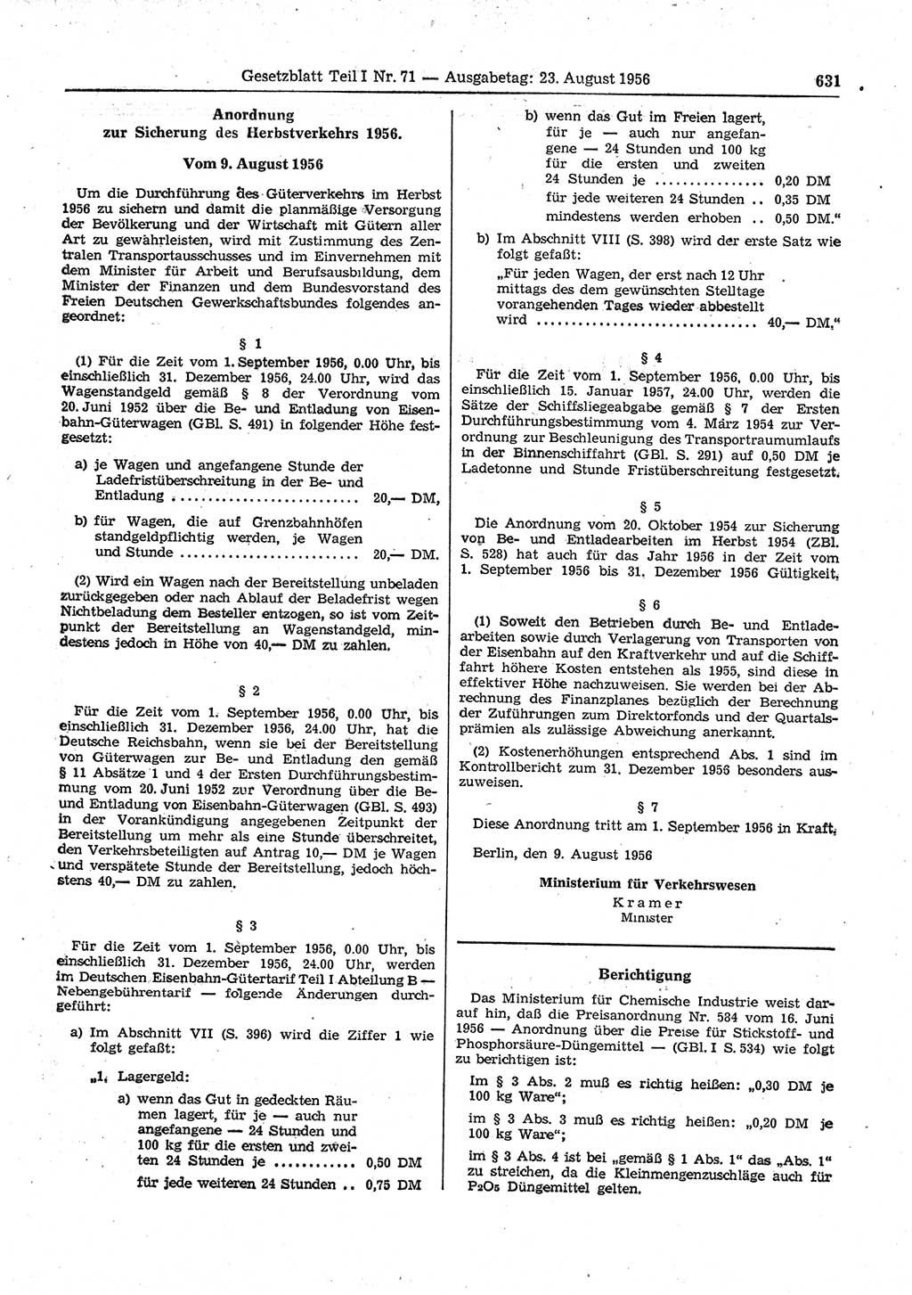 Gesetzblatt (GBl.) der Deutschen Demokratischen Republik (DDR) Teil Ⅰ 1956, Seite 631 (GBl. DDR Ⅰ 1956, S. 631)