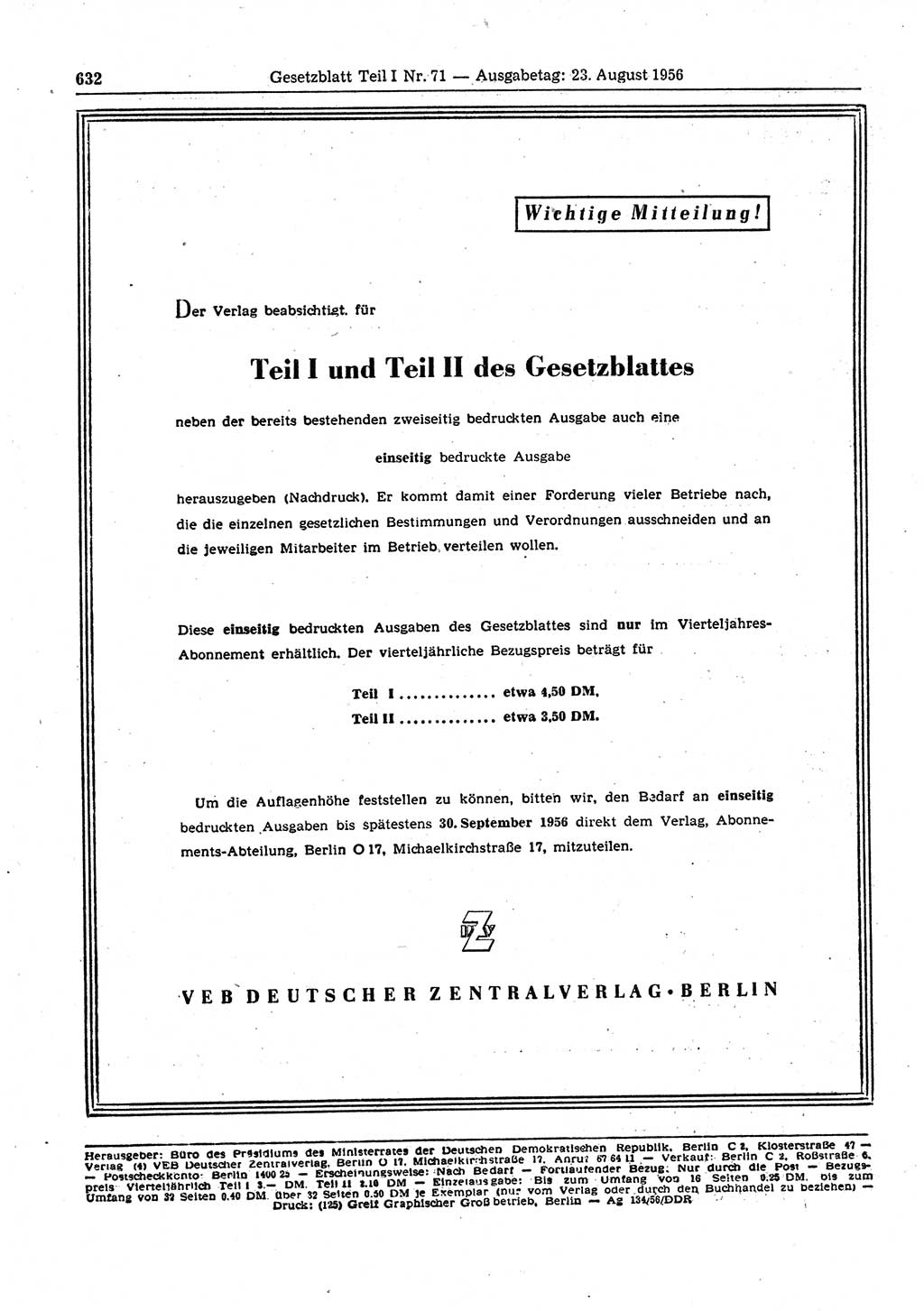 Gesetzblatt (GBl.) der Deutschen Demokratischen Republik (DDR) Teil Ⅰ 1956, Seite 632 (GBl. DDR Ⅰ 1956, S. 632)
