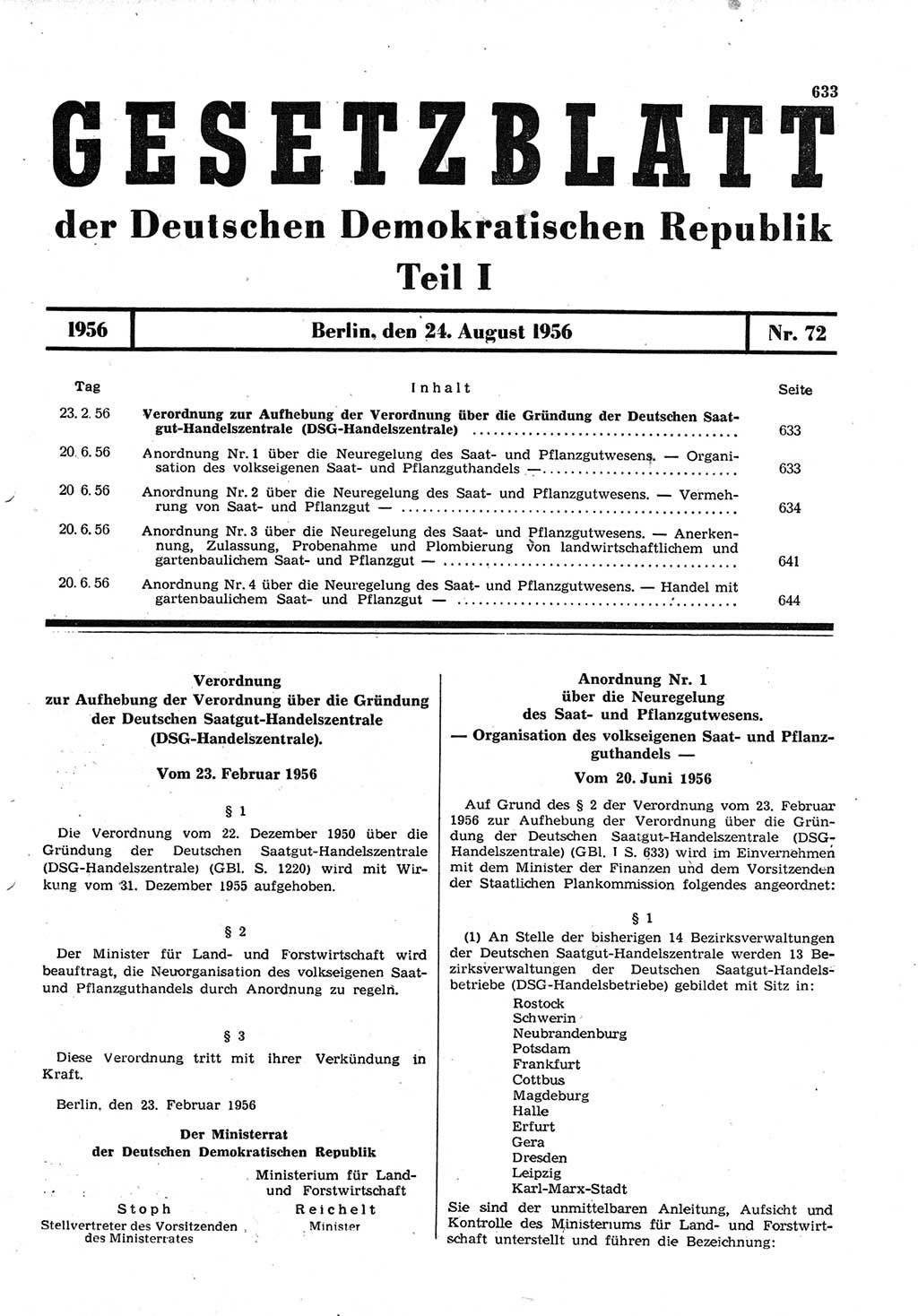 Gesetzblatt (GBl.) der Deutschen Demokratischen Republik (DDR) Teil Ⅰ 1956, Seite 633 (GBl. DDR Ⅰ 1956, S. 633)