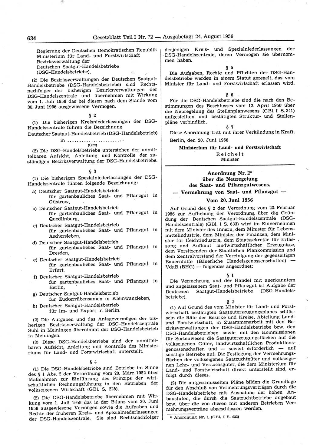Gesetzblatt (GBl.) der Deutschen Demokratischen Republik (DDR) Teil Ⅰ 1956, Seite 634 (GBl. DDR Ⅰ 1956, S. 634)