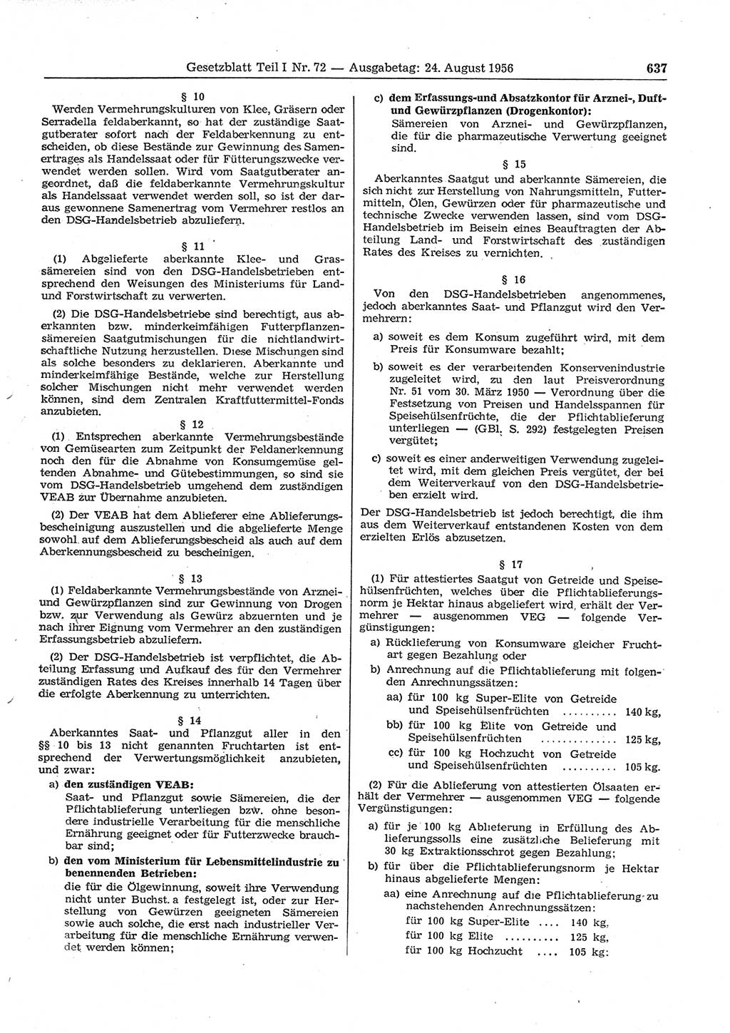 Gesetzblatt (GBl.) der Deutschen Demokratischen Republik (DDR) Teil Ⅰ 1956, Seite 637 (GBl. DDR Ⅰ 1956, S. 637)
