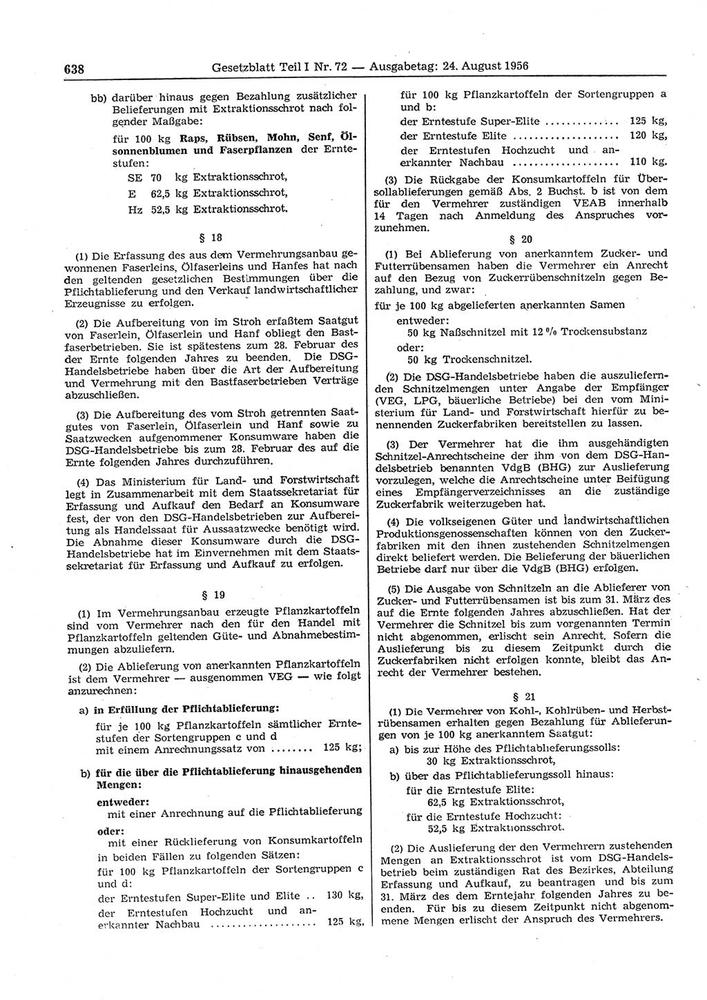 Gesetzblatt (GBl.) der Deutschen Demokratischen Republik (DDR) Teil Ⅰ 1956, Seite 638 (GBl. DDR Ⅰ 1956, S. 638)